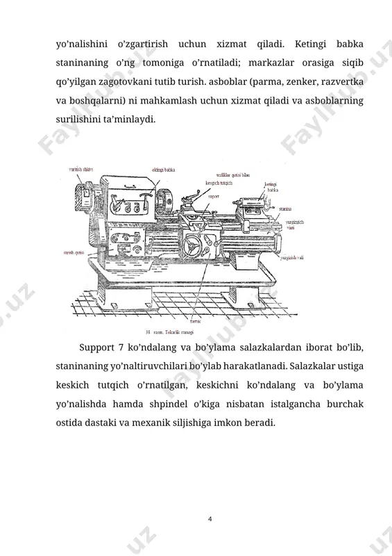 elektroblok orqali. patron va planshayba elektroblok bilan jihozlangan. dastgohni yog'lash uchun i-30a moyi ishlatiladi. moyni tepa qopqoqni ochib quyiladi. stanina, support, orqa markaz, yuruvchi vint, yuruvchi vint podshibniklari va valiklar qo'l bilan yog`lanadi. tv-7 tokarlik vint ochuvchi dastgohi ikkita tumbaga joylashtirilgan (40-rasm). oldingi markaz staninaning chap tomonida o'rnatilgan. 2.8. tokarlik vint qirqish stanogilarini asosiy qismlari va kinematik sxemasi maktab o’quv ustaxonalarida asosan tv-4,tv-6 va tv-7 stanoklari ishlatiladi. tv-6 stanoklari asosan tv-4 stanogini takomillashgan bo’lib, staninaga joylashuvchi oldingi va ketingi babakalari, support, fartuk,gitara tezliklar qutisi va boshqa qismlardan iborat. oldingi babka 5 zagotovkani mustahkamlash uchun staninaning chap tomoniga o’rnatiladi va u .zagotovkaniyag aylanma harakatini ta’minlaydi. ketingi babka 11 uzun zagotovkanikg bo’sh uchini tutib turadi. unga kesuvchi asboblar (parma, zenker, razvyortka) o’rnatiladi. u uchta asosiy qismlar: korpus, pinol va plitadan tuzilgan. pinolning konussimon chuqurchasiga markazni yoki asbobni o’rnatish mumkin. zarur bo’lsa, konussimon teshiklarni o’yish uchun ketingi babkanikg korpusi. ko’ndalang yo’nalishda suriladi. support …