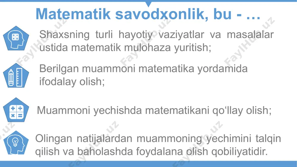 ik bilimlarni hosil qilish va ularni o‘zlashtirish matematik taxminlarni ifodalash va tadqiq qilish, matematik asoslash, taqqoslash va baholash matematik tushunchalar orasidagi aloqalarni tanib olish va ulardan foydalanish kundalik turmushda uchraydigan va boshqa fanlarga oid o‘quv va hayotiy vaziyatlarda matematikani qo‘llash tabiat, jamiyatdagi hodisa va jarayonlarni tushuntirish, modellashtirish uchun turli matematik talqin usullaridan foydalanish talqin qilish yechimdan olingan natijalar ustida fikr yuritish, matematik yechimni real muammo mazmuniga ko‘chirish va matematik masalada tasvirlangan real muammoga nisbatan uni talqin qilish va topilgan yechim muammoning haqiqiy yechimiga mosligini hamda yaqinligini baholash matematik fikrni aniq, yozma va tasvirli ifodalash uchun matematika tilidan, belgi va timsollardan hamda kompyuter va axborot kommunikatsiya texnologiyalari imkoniyatlaridan foydalanish tavsiyalar get a modern powerpoint presentation that is beautifully designed. you can simply impress your audience and add a unique zing and appeal to your presentations. o‘quvchilarni masalani yechish va sharhlash uchun zarur bo‘lgan barcha shartlarni topishga o‘rgatish o‘quvchilarni masala shartiga asosan, …