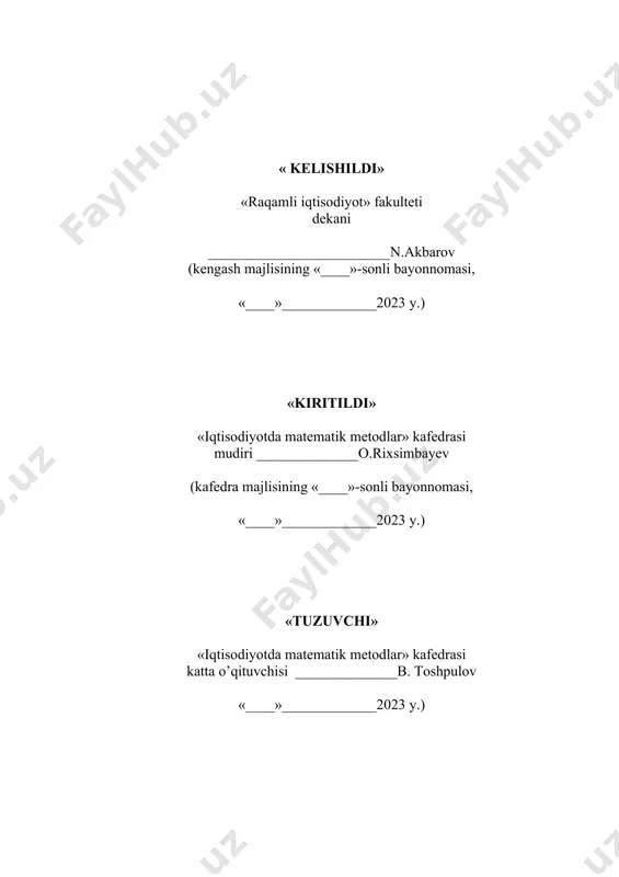 ushunchasi, turlari va undagi o‘zgaruvchilar (ekonometrik model, endogen va ekzogen o‘zgaruvchilar, chiziqli va chiziqsiz ekonometrik modellar). 2.tenglamalar tizimi ko‘rinishidagi ekonometrik model (tushunchalari, turlari, identifikatsiyalash muammolari). 3. masala. berilgan variasion qator uchun quyidagilarni hisoblang. g) o‘rtacha tanlanma qiymati h) tanlanma dispersiya i) o‘rtacha tanlanma kvadratik chetlanish 12 89 91 42 55 1 13 9 100 55 81 66 31 19 85 24 38 56 81 80 84 95 98 89 kafedra mudiri o. rixsimbayev variant 4 1. ekonometrik modellashtirish bosqichlari (spetsifikatsiyalash, identifikatsiya qilish, verifikatsiya qilish, prognoz qilish). 2. ko‘p omilli ekonometrik model (regression bog‘lanishlar, eng kichik kvadratlar usuli, iqtisodiy tahlil koeffitsientlari). 3. masala. berilgan ma’lumotlar asosida korrelyatsiya koeffitsienti hisoblansin va tahlil qilinsin, chiziqli ko‘rinishidagi regressiya tenglamasining parametrlari aniqlansin va iqtisodiy ta’rif berilsin. n y x1 x2 1 12 8 6 2 13 9 5 3 16 11 4 4 17 12 10 5 20 14 11 kafedra mudiri o. rixsimbayev variant …