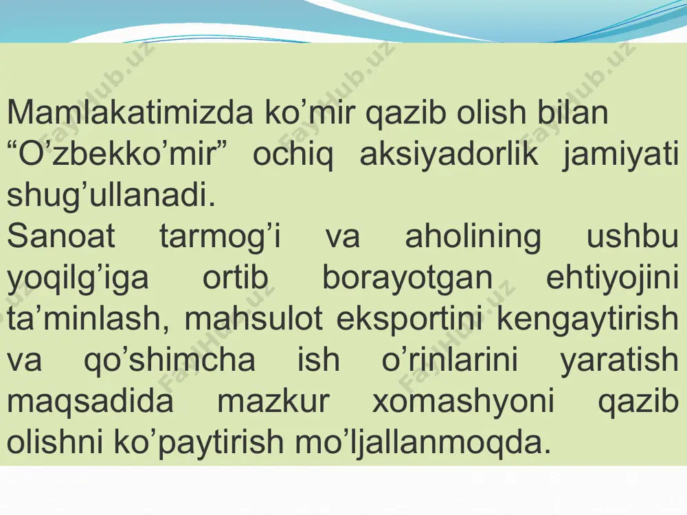 renergo” filiali; · texnologik aloqa bo’limi (“aloqakumir”) filiali; · “avtomobil texnologiya transporti boshqarmasi” (attb) filiali; · “tog’-texnologiya temir yo’l transporti boshqarmasi” (tttyotb) filiali; · “moddiy va texnikaviy ta’minlash boshqarmasi” (mttb) filiali; · “geologiya qidiruv ekspedisiyasi” filiali; · “kapital qurilish va investisiya dasturlari realizasiyasi bosh boshqarmasi” filiali. har yili “o’zbekko’mir” oaj 3 mln. tonnaga yaqin ko’mirni qazib olmoqda. ko’mir yoqilg’ining asosiy iste’molchisi ulushiga ko’mirning umumiy iste’molining 85 foizdan ortiq kelgan elektr – energetika sektoridir. qattiq yoqilg’ining talabini sanoat, ijtimoiy va communal sohalar, hamda aholi shakllantiradilar. ko’mir sanoatining ustuvor rivojlanishining asosiy faktori bo’lib elektr quvvatnii ishlab chiqarishda ishlatiladigan tabiat gazi va neft mahsulotlari kabi energetik resurslarning ichki bozorda o’rnini bosishning maqsadlikligi, o’zbekistondagi energetik balansining tizimida ko’mir ulushining ko’payishi. 2012 yilda prognoz bo'yicha ko'mirchilar 4,28 mln. tonna ko'mir qazib oladilar. utgan yilga nisbatan o'sish111,2% ni tashkil qiladi. "o'zbekko'mir" oaj ulushi 3,92 mln. tonnani tashkil qiladi. o'sish sur'ati 110,4% bo'ladi. ulardan 3,2 mln. tonna …