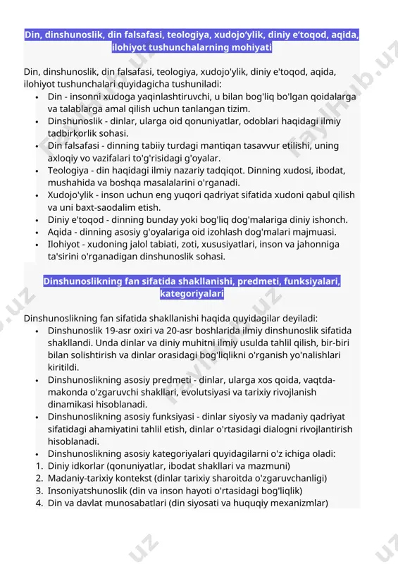og'liqlikni o'rganish yo'nalishlari kiritildi. · dinshunoslikning asosiy predmeti - dinlar, ularga xos qoida, vaqtda-makonda o'zgaruvchi shakllari, evolutsiyasi va tarixiy rivojlanish dinamikasi hisoblanadi. · dinshunoslikning asosiy funksiyasi - dinlar siyosiy va madaniy qadriyat sifatidagi ahamiyatini tahlil etish, dinlar o'rtasidagi dialogni rivojlantirish hisoblanadi. · dinshunoslikning asosiy kategoriyalari quyidagilarni o'z ichiga oladi: 1. diniy idkorlar (qonuniyatlar, ibodat shakllari va mazmuni) 2. madaniy-tarixiy kontekst (dinlar tarixiy sharoitda o'zgaruvchanligi) 3. insoniyatshunoslik (din va inson hayoti o'rtasidagi bog'liqlik) 4. din va davlat munosabatlari (din siyosati va huquqiy mexanizmlar) shuningdek, dinshunoslik dinlar talqini, antropologik, sotsiologik yondashuvlarni o'z ichiga oladi. dinlarni tadqiq etish metedologiyasi: tipologik, qiyosiy, tarkibiy-funksional, genetik tahlil. qiyosiy dinshunoslikning metodlari dinlarni o'rganishda quyidagi ikki asosiy metedologiya qo'llaniladi: 1. tipologik tahlil - dinlarni jinsi bo'yicha (monoteistik, politeistik vа hokazo) qora-qora guruhlashtirib tahlil qilish. 2. qiyosiy tahlil - bir-biridan farqli dinlar bir-biri bilan qiyosiy taqqoslash orqali o'rganish. qiyosiy dinshunoslikda quyidagi metodlar qo'llaniladi: · taqqoslash metodi. bir din elementlari …