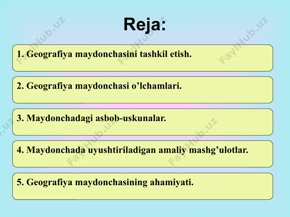 kislanadi, chegaralari belgilanib, uning atrofi panjara-devor bilan to'siladi. maydonchaning tamonlari gorizontning asosiy tomonlari bo'yicha oriyentirlanadi. maydoncha sektorlarga bo'linadi va reja asosida ularga o'quv jihozlari qoidasi bilan joylashtiriladi (1-2-rasmlar). 1-rasmdagi geografiya maydonchasining biror sektorida meteorologik jihozlar joylashtiriladi. 2-rasmda esa maktabda alohida meteorologiya maydonchasida joylashtirilgan jihozlar keltirilgan. bizningcha meteorologik sektor geografiya maydonchasining tarkibida tashkil etilishi maqsadga muvofiqdir. chunki, geografiya maydochasida faqat meteorologik kuzatishlar emas, balki boshqa kuzatishlarni olib borish uchun ham jihozlar joylashtiriladi. o'quv jihozlari rangli bo'yoqlari bilan bo'yaladi va har birining tagiga uning nomi yozilgan taxtacha o'rnatiladi. maydonchaga navbatchilar uchun eslatma yozilib ilib qo'yiladi. unda meteorologik kuzatishlarni olib borish tartibi va boshqalar keltiriladi. maydonchani doim yaxshi holatda saqlab turish uchun navbatchilar tayinlanadi. geografik maydonchasini jihozlash uchun o'quv vositalari, asboblarini topishda ma'lum qiyinchiliklar tug'iladi. ayniqsa, meteorologik asboblarni topish qiyin, chunki ularai qo'lda ishlab bo'lmaydi. bu asboblarni har bir katta shaharlar ko'rgazmali qurollar do'konlaridan topish mumkin yoki buyurtma asosida keltirish mumkin. agar maktabda …