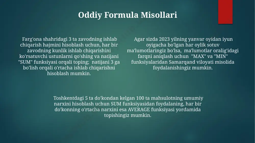 ligini toshkentdagi ma'lumotlarga mos ravishda o'zgartirishingiz mumkin. diagramma ranglarini sozlashda, 3 dan ortiq ranglardan foydalanmasdan, masalan, yashil, ko'k va qizil ranglardan foydalanib, andijon viloyati ma'lumotlari uchun aniqroq farqlashni ta'minlashingiz mumkin. diagrammaning sarlavhasini tahrirlash uchun, sarlavha matnini ikki marta bosish orqali, shrift turini "times new roman" ga o'zgartirib, shrift hajmini 14 punktga o'zgartirib, samarali va aniq ma'lumot taqdim etishingiz mumkin. ustunli diagramma ustunli diagrammalar ma'lumotlarni 20 gacha ustun yordamida vertikal ravishda tasvirlash imkonini beradi, masalan, toshkent shahridagi 10 ta do'konning oylik savdo hajmini ko'rsatishda samarali. ustunli diagrammalarni yaratishda ma'lumotlarni to'g'ri joylashtirish muhim, aks holda xato natijalar chiqishi mumkin; masalan, 100 dan ortiq qatorli ma'lumotlar samarqand viloyatidagi fermer xo'jaliklarining hosildorligini aks ettirsa, ma'lumotlarni to'g'ri tartiblash kerak. excelda ustunli diagramaning turli xil turlari, jumladan, klasterli (guruhlangan) va yig'indidan ajratilgan ustun diagrammalari mavjud bo'lib, ular ma'lumotlarni 3d ko'rinishda, masalan, 5 ta mintaqadagi 2 yillik hosilni taqqoslashda qo'llaniladi. raqamli ketma-ketliklarni avtomatik to'ldirish agar raqamli ketma-ketlikda …