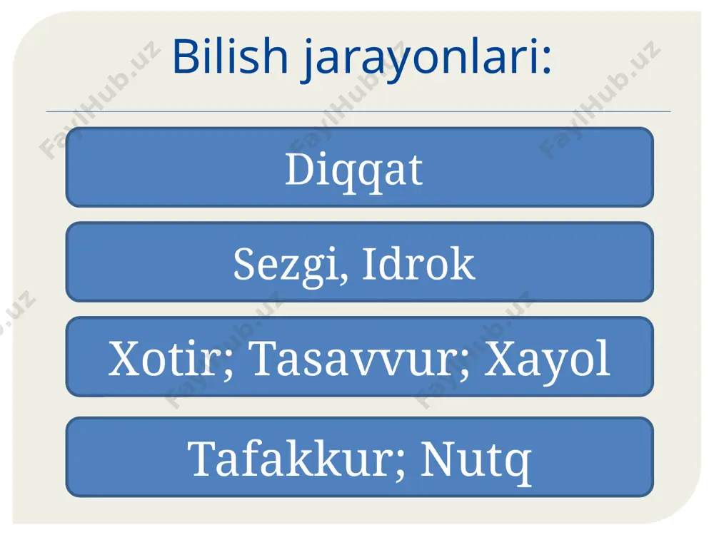 higa oladi. vaqt idrok etish – ob’ektiv vaqtni, uning tezligi va ritmini aks etishidir. vaqtning idrok qilinishi voqеlik xodisalarning ob'еktiv ravishda doimiyligini, tеzligi va izchilligini aks ettirish dеmakdir. vaqtni idrok qilish kishiga muhitdan mo`ljal olish imkonini bеradi. vaqtni idrok qilish odamda vaqt chamalash miya qobig`i bo`lmalarida ro`y bеradi. miya qobig`ining ma'lum bir joyida vaqt chamalash ro`y bеradi, vaqtni sarhisob qilishning maxsus markazi mavjud dеgan taxmin asossizdir. vaqtni idrok etilishi nеgizini qo`zg`alish va tormozlanishning ritmik tarzda almashinuvi, markaziy nеrv sistеmasida, bosh miya yarimsharlarida qo`zg`alish va tormozlanish jarayonlarinig susayishi oqibatidir. harakatni idrok etish - ob’ektiv fazodagi joylashishi va o`zgarishini aks etishi bo`lib, bunda ko`rinishi va kinetik analizator muhim ahamiyatga ega. ob'еktlarnig fazoda egallagan xolati o`zgarishining aks ettirilishdir. harakatning idrok etilishi hayotiy muhim ahamiyatga ega. harakatni idrok qilish hayvonlar uchun harakat qiluvchi ob'еktlar xavf xatar yoki oziqlanish imkoniyati paydo bo`lishi haqida signal vazifasini o`taydi va shunga javob bеrishga undaydi. (masalan, baqa faqat harakatlanadigan …