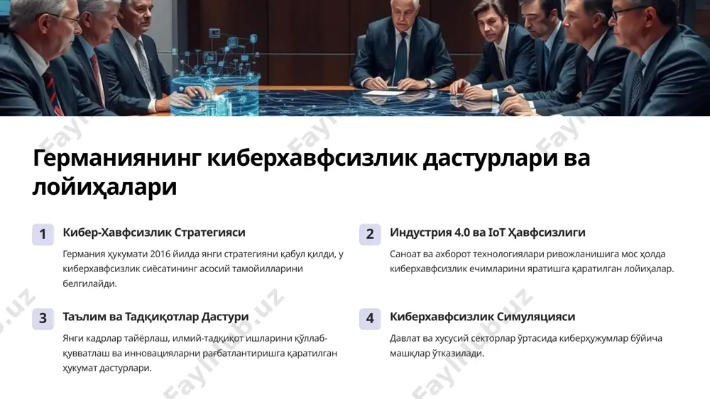 миқдорда амалга оширмоқда. бу давлат ва хусусий секторни ҳимоялаш, инновацияларни рағбатлантириш ҳамда илмий-тадқиқот ишларини қўллаб-қувватлашга қаратилган. германиянинг киберхавфсизлик соҳасидаги ижтимоий лойиҳалари 1 киберхавфсизлик саводхонлиги аҳолини ахборот хавфсизлиги ва киберҳимоя масалалари бўйича ўқитиш 2 кадрлар тайёрлаш киберхавфсизлик соҳасида малакали мутахассислар тайёрлаш 3 ёшлар учун дастурлар ёш авлодни киберхавфсизлик йўналишида қизиқтириш ва рағбатлантириш германия тажрибасидан ўрганиш ва келгуси режалар 1 ҳукумат ташаббуслари кибер-хавфсизликни таъминлашда етакчи ташкилотлар, қонунлар ва дастурларни ўрганиш 2 илмий-техник салоҳият германия илмий-тадқиқот муассасалари ва инновацион технологияларини ўрганиш 3 халқаро ҳамкорликлар германиянинг кибер-хавфсизлик соҳасидаги хорижий ҳамкорликларини ўрганиш ва қўллаш 4 истиқболли режалар германия тажрибасидан келиб чиқиб, миллий киберхавфсизлик стратегиясини яратиш image1.png image2.png image3.png image4.png image5.png image6.png image7.png image8.png image9.png image10.png image11.png image12.png image13.png