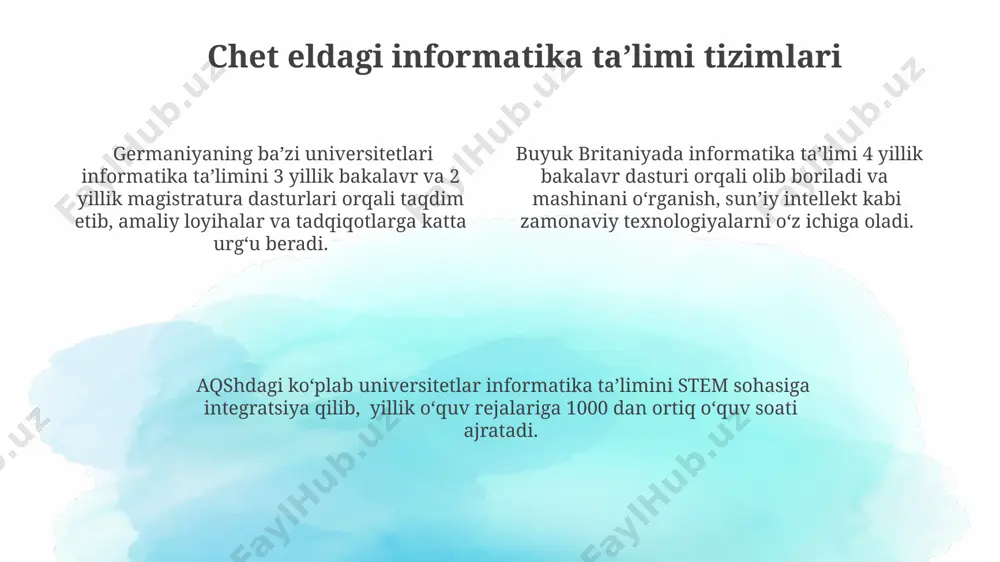 hisobga olinadi. ta'lim muassasalarining informatsion texnologiyalarni o'qitishdagi samaradorligini baholashda, bitiruvchilarning ishga joylashish darajasi va ularning kasbiy faoliyatida it ko'nikmalarini qo'llash darajasi muhim omillar hisoblanadi, masalan, 85% dan ortiq ishga joylashish. e'tiboringiz uchun rahmat @taqdimot_robot image1.png