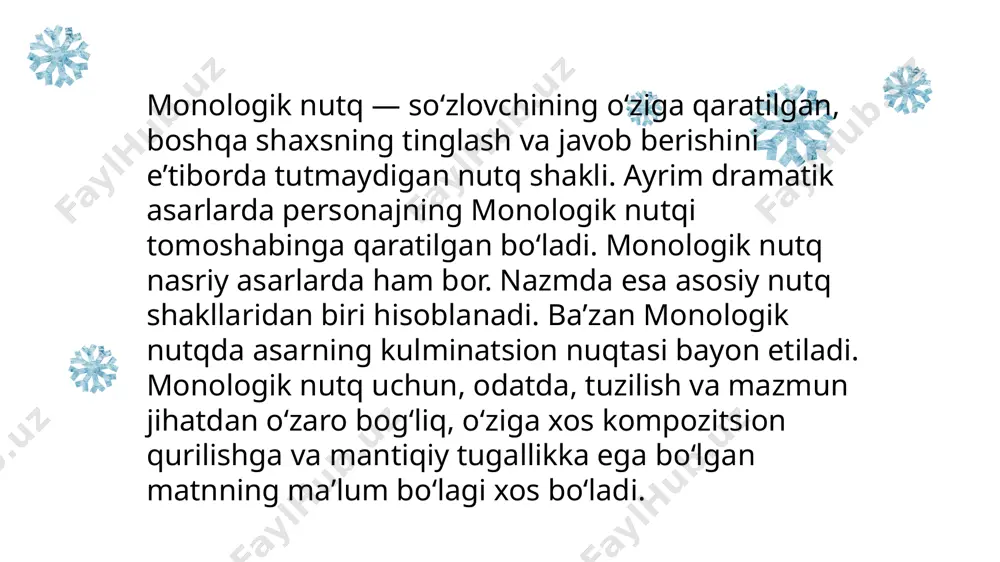 ma’noda nutq madaniyatining muhim tarkibiy qismi hisoblanadi. bu o‘rinda nutq madaniyati deganda, adabiy til normalariga rioya qilish, o‘z fikrlarini, hissiyotlarini, tasavvurlarini aytilayotgan gapning yo‘nalishi va maqsadiga muvofiq holda mazmunli, grammatik to‘g‘ri, aniq va ifodali bera olish tushuniladi. nutq faqat bolada til boyligiga nisbatan qiziqish tarbiyalangan, nutqda turli xil ifoda vositalaridan foydalanish ko‘nikmasi rivojlantirilgan taqdirda obrazli, bevosita va jonli bo‘ladi. nutq intonatsiyasi, tovushning ifodaliligi ustidagi ishlar bolalarning bildirilayotgan fikrga nisbatan, matndan kelib chiqqan holda, ovozini balandlatib yoki pasaytirib, talaffuz qilinayotgan matnga mantiqiy va emotsional urg‘u berish orqali o‘z munosabatini bildirishni o‘rganishlari uchun zarur. buning uchun pedagog tegishli topshiriqlardan ko‘proq foydalanishi lozim. aynan ushbu qobiliyatlar bolaga turlicha intonatsion ifodalashni talab qiluvchi turli xildagi ravon fikrlarni tuzish – hikoya qilish, tasvirlash, mulohaza yuritish uchun zarur bo‘ladi. e' tiboringiz uchun raxmat!!!102-guruh talabasi amonova sevinch image1.jpeg image2.png image3.jpeg