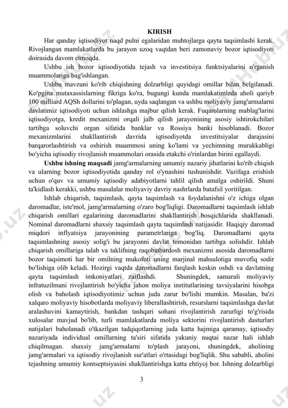 j bor. ishning dolzarbligi zamonaviy iqtisodiy adabiyotlarda aholining investitsiya salohiyatini faollashtirish va aholining haqiqiy jamg'armalarini miqdoriy baholash muammosiga juda kam e'tibor qaratilganligi bilan izohlanadi. ammo ba'zi ko'rinishlar ham bor. biz 90yillarning o'rtalarida paydo bo'lgan aholining moliyaviy salohiyatini va jamg'armalardan investitsiya maqsadlarida foydalanish imkoniyatlarini baholash usullari haqida gapiramiz. ular aholining jamg'armalarini o'rganishning nazariy bazasidagi bo'shliqni to'ldirishga qodir va yangi qo'shimcha tadqiqotlar o'tkazish mumkin bo'lgan barcha yo'nalishlarni aniqlashga imkon beradi. kurs ishining asosiy vazifalari quyidagilardan iborat: tejashni makroiqtisodiy toifalar, ularning o'zaro bog'liqligi sifatida ko'rsatish; shuningdek xorijiy mamlakatlar tajribasi. kurs ishini o'rganish ob'ekti daromad, iste'mol va tejashdir. kurs ishini yozishda quyidagi usullardan foydalanilgan: mantiqiy; tarixiy; davriylashtirish; taqqoslash; tahlil. kurs ishi kirish, uchta bob, xulosadan iborat. kirish kurs ishining qisqacha tavsifini o'z ichiga oladi. birinchi bobda "jami iste'mol va jami tejash, ularning mohiyati, o'zaro bog'liqligi" umumiy iste'mol va jami tejash tushunchasi va ma'nolarini ochib beradi. ikkinchi bobda "iste'mol va jamg'armaning investitsiyalarga ta'siri", iste'mol, tejash …