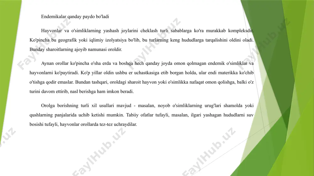 ng ahamiyati shundaki, ularning vakili o'sha muhit bilan chegaralangan va ularning yo'q bo'lib ketishi maxsus nusxalar yo'qolishini, ularni qaysidir ma'noda chaqirishni bildiradi. ba'zi turlarning geologik yoshi katta b o i s a d a u o'zining gullab-yashnash davrini o'tab bo'lgan bo'ladi va ularning areallari aksincha tor bo'ladi. masalan, gatteriyaning areali yangi-zelandiyaning kichik orolchalarida saqlanib qolgan. qadimgi geologik davrlardan bizgacha yetib kelgan hayvon turlari relikt deb yuritiladi. o'rdakburun, rus suv kalamushi (vixuxol) va boshqa shu kabi turlarning areallarini kichik relikt areallarga misol qilish mumkin. areali faqat bir oblast chegarasidagina uchraydigan turlar endemiklar deyiladi. bunday turlarning areallari tog' vodiylari va tog' tizmalarida hamda shunga o'xshash ekologik sharoitlar shakllangan joylarda uchraydi. bularga gatteriya, kalibra turlari, chumolixo'rlar, yalqovlar, odamsimon maymunlar va boshqalarni misol qilish mumkin. endemizm shartli xususiyat bo'lib, vaqt o'tishi bilan u o'zgarishi mumkin. bu hoi turning evolyutsiya jarayonida yuz beradigan o'zgarishlarga nisbatan javob reaktsiyasiga bog’liq. ba’zan garchi uchish qobiliyatiga ega b o …