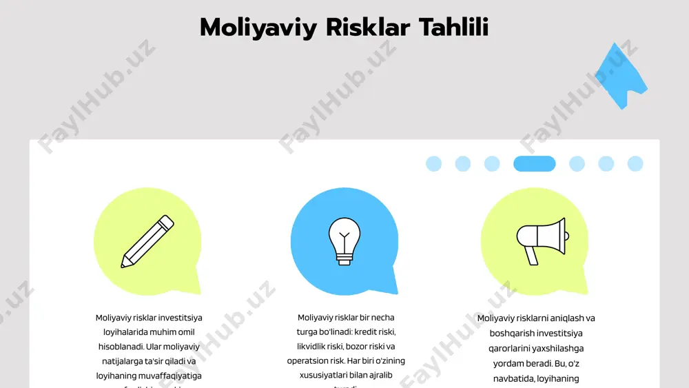 : investitsiya jarayonini doimiy ravishda kuzatish va baholash. bu usul, moliyaviy risklarni oldini olish va vaqtida chora-tadbirlar ko'rishga imkon beradi. amaliy misollar va tavsiyalar o'zbekistondagi kompaniyalar tomonidan moliyaviy risklarni boshqarish uchun qo'llanilgan amaliy misollar sifatida, birinchi navbatda, diversifikatsiya strategiyasi ko'rsatiladi. masalan, "x" kompaniyasi bir vaqtning o'zida bir nechta loyihalarni amalga oshirib, risklarni kamaytiradi. shuningdek, moliyaviy tahlil va rejalashtirish jarayonlari ham muhim ahamiyatga ega. real hayotiy misollar moliyaviy risklarni samarali boshqarish uchun tavsiyalar: 1. diversifikatsiya: loyihalarni turli sohalarda amalga oshirish orqali risklarni kamaytiring. 2. moliyaviy tahlil: har bir loyiha uchun aniq moliyaviy tahlil o'tkazing va imkoniyatlar bilan tahdidlarni baholang. 3. sug'urta: katta moliyaviy yo'qotishlardan himoya qilish uchun sug'urtalash strategiyalarini ko'rib chiqing. tavsiyalar va maslahatlar risklarni kamaytirish strategiyalari 1 moliyaviy risklarni aniqlash va baholash moliyaviy risklar investitsiya loyihalarida yuzaga keladigan moliyaviy yo'qotishlar bilan bog'liq. ushbu risklarni aniqlash va baholash jarayoni, potentsial muammolarni oldini olish uchun muhimdir. risklarni baholash jarayonida, risklarning ta'siri va …
