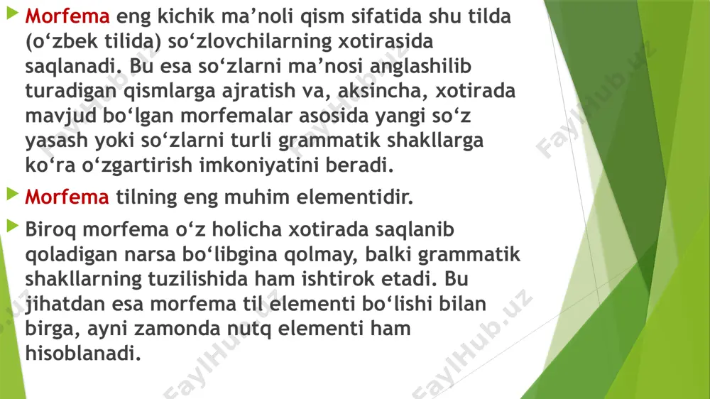 shimchalar esa unlisiz ham bo‘la beradi. masalan, (o‘qi)t, (ishla)sh, (ela)k, (yaltira)q, (tin)ch, (ishla)y kabi. asos va qo‘shimcha asosning fonetik variantlari kamdan-kam bo‘ladi. masalan, yosh(lik), va (yash)a, ong(li) va ang(la), sariq va sarg‘(ay) kabi. qo‘shimchalarda esa fonetik variantlar nisbatan ko‘proq uchraydi. masalan, (turt)ki, (supur)gi, (chop)qi, (chol)g‘i yoki (chol)g‘u; (eg)ik, (sin)iq, (buz)uq, (tut)qin, (so‘l)g‘in, (tur)g‘un; (o‘yin)choq, (erin)chak, (sirg‘an)chiq, (qizg‘an)chiq kabilar. so‘zning asos va qo‘shimchalarga bo‘linishi ma’no jihatdan o‘zaro aloqador bo‘lgan so‘zlarni bir-biriga solishtirib ko‘rganda, ayniqsa, aniq ajralib turadi. masalan, suvli, suvsiz, suvchi, suvdon, suvsira so‘zlari solishtirib qaralsa, ularda bir morfemaning aynan takrorlanganini ko‘ramiz. bu morfema suv bo‘lib, u o‘sha so‘zlarning umumiy o‘zagidir. bir umumiy asosga ega bo‘lgan bunday so‘zlar qarindosh yoki asosdosh so‘zlar deyiladi. aksincha, so‘zning tuzilishida asoslar har xil, qo‘shimchalar esa bir xil bo‘lishi mumkin. masalan, temirchi, ishchi, traktorchi, baliqchi (qush) doirachi kabi. biroq bunday so‘zlar qarindosh so‘zlar deb aytilmaydi. nutqda ishlatilishi jihatidan qaraganda asosga nisbatan qo‘shimcha ko‘proq takrorlanadi. masalan, qish …
