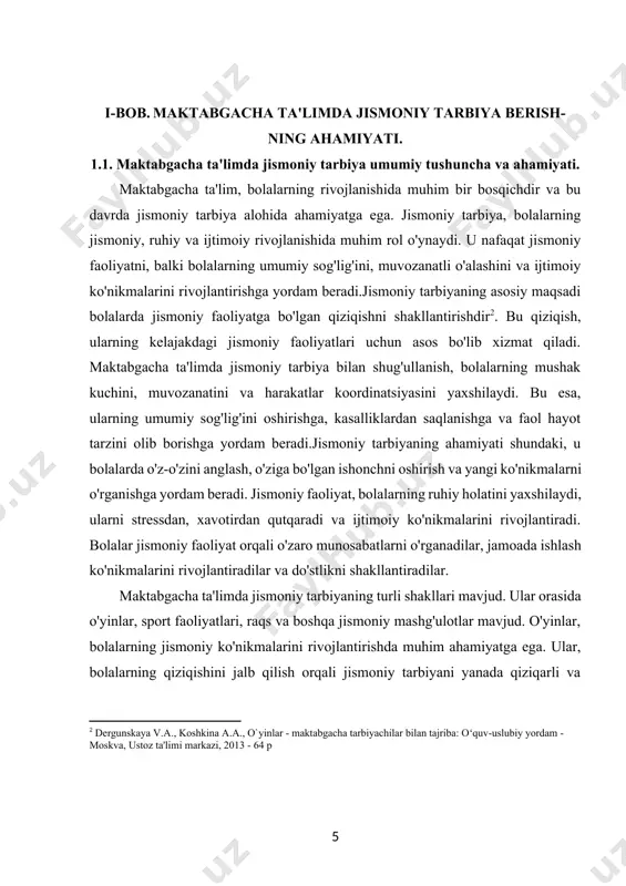 . maktabgacha yoshdagi bolalar, o‘zlarining jismoniy salomatligi, psixologik va ijtimoiy rivojlanishi uchun jismoniy tarbiya mashg‘ulotlariga katta ehtiyoj sezadilar. jismoniy tarbiya nafaqat bolalar sog‘ligini mustahkamlash, balki ularning psixologik barqarorligini, ijtimoiy ko‘nikmalarini rivojlantirish, shuningdek, o‘qish va boshqa faoliyatlarga tayyorligini oshirish uchun zarur bo‘lgan birinchi qadamlardir.jismoniy tarbiya va uning maktabgacha ta'limdagi ahamiyati haqida gapirganda, uning nafaqat bolalar uchun sog‘lom turmush tarzini yaratishda, balki ularning intellektual va emotsional rivojlanishida ham beqiyos o‘rni borligini ta'kidlash kerak. ushbu jarayonda o‘yin va turli faoliyatlar orqali bolalar o‘z jismoniy salohiyatini aniqlashadi, yangi harakatlarni o‘rganishadi va bu orqali tanasini boshqarish qobiliyatini rivojlantirishadi. shu bilan birga, jismoniy faollik bolalarda bo‘sh vaqtni samarali tashkil etish va ruhiy holatni barqarorlashtirishga yordam beradi.jismoniy tarbiyaning bolalar uchun ahamiyati keng qamrovli bo‘lib, uning bir nechta muhim jihatlari mavjud. avvalo, jismoniy mashg‘ulotlar bolalarning sog‘lig‘ini mustahkamlashga yordam beradi. tana tarbiyasi orqali bolalar immunitet tizimini kuchaytirish, yurak va tomir tizimlarini yaxshilash, mushaklarning rivojlanishi va ko‘prik reflekslarini shakllantirish kabi …