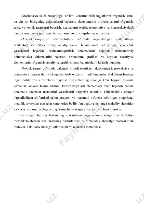 bildirgan o'quvchilar ixtiyoriy ravishda tanlanib olinadi. «chizma geometriya elementlari» fakultativ kursini o'qitish metodikasi. umumta'lim maktablarining chizmachilik fani dasturida to'g'ri burchakli proyeksiyalar va aksonometrik proyeksiyalar to'g'risida eng asosiy boshlang ich ma'lumotlargina keltirilgan. ushbu fakultativ kurs ularni kengaytirib, chuqur o'rganishga mo'ljallangan. fakultativ kursda qo'shimcha pozitsion va metrik masalalarni yechish orqali o'quvchilarni chizmani qayta tuzish usullaridan foydalanib, geometrik jismlar bilan bog'liq tasvirlarni bajarishga o'rgatiladi. maktabda chizma geometriya elementlarini o'rganish o'quvchilarning fazoviy tasavvurlari, kuzatuvchanligi va mantiqiy fikrlashlarining o'sishiga yordamlashadi, bundan tashqari katta tarbiyaviy ahamiyatga ham ega. chizma geometriya elementlari fakultativ kursida «kirish», «metrik masalalar» va «pozitsion masalalar» bo'limlari o'rganiladi. «mashinasozlik chizmachiligi» fakultativ kursini o'qitish metodikasi. bu fakultativ kurs yordamida o'quvchilarga ko'pchilik ishlab chiqarish kasblari uchun zarur bo'lgan qo'shimcha texnik va grafik bilimlarni o'rgatish ko'zda tutilgan. «mashinasozlik chizmachiligi» fakultativ kursi o'quvchilarning politexnik bilimlari va ilmiy dunyo qarashlarini kengaytiradi. bu kursda yangi mavzular yetarlicha ko'p bo'lsa ham, ularning ayrimlari o'quvchilarga malum darajada avvaldan tanish. shuning uchun …