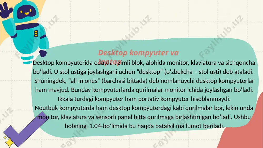 xotira yoki tezkor xotira (ias – immediate access storage) kabi boshqa nomlar bilan ham ataladi. tezkor xotira (ram -random access memory) asosiy plataga biriktirilgan; u joriy vaqtda foydalanilayotgan dasturlar va ishlayotgan hujjatlar saqlanadigan xotira hisoblanadi. siz ayni vaqtda ushbu xotiradagi ma’lumotlardan foydalanayotgan boʻlasiz. doimiy xotira (rom – read-only memory) kompyuter yoqilganda ishga tushishi uchun koʻrsatmalarni saqlaydi. rom kontentini oʻzgartirib boʻlmaydi tezkor xotira vaqtincha xotiradir. ushbu jarayon kompyuter oʻchirilganda xotira hamma narsani unutishini anglatadi. shu sababli keyingi safar yoqqaningizda, ishlatayotgan barcha dasturlaringiz va hujjatingizni qayta yuklashingiz kerak bo‘ladi. dasturlar va maʼlumotlarni qayta yuklash uchun kompyuter yoqilgan va ishlayotgan boʻlishi kerak. demak, kompyuter ishga tushishi uchun xotirada qandaydir dastur o‘rnatilgan boʻlishi lozim. ishga tushirish dasturi doimiy xotira (rom, 1.05 rasmga qarang) deb ataluvchi asosiy xotirada saqlanadi. kompyuterni elektr manbayidan uzib qo‘yish orqali ham romdagi axborotni oʻzgartirib boʻlmaydi. rom xotirasi dasturlarni ishga tushirish va ularda ma’lumotlarni tahrirlash uchun yetarli boʻlmaydi, chunki foydalanuvchilar narsalarni …