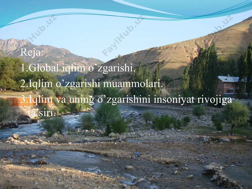 belgilanib qolmasdan, balki u yana muzliklar, tirik organizmlar bilan ham bog’liqdir. iqlim o’zgarishi harorat va yog’inlarni o’zgarishiga olib keladi. bu esa iqtisodiyotning qishloq xo’jaligi va chorvachilik kabi tarmoqlariga o’z ta’sirini ko’rsatadi, okean sathini ko’tarishiga olib keladi. natijada, orollar va pasttekisliklar suv ostida qolishi mumkin. bu esa ocharchilik va boshqa muammolarni keltirib chiqaradi. iqlim o’zgarishini qishloq xo’jaligiga ta’siri katta. o’rtacha harorat o’zgarishidan dengiz sathi ko’tariladi va qishloq xo’jaligi yerlarini suv bosishi va sho’rlanishi. iqlim mintaqalarini qutblarga qarab ko’chishi va quruqlik yuzasi katta qismiga tuproq namligini kamayishiga olib keladi. iqlim va agroiqlim zonalari qutblarga qarab siljishi mumkin. mo’tadil mintaqalarda yillik harorat 10 c ga oshishi natijasida bug’lanish taxminan 5%ga ko’payadi. oxirgi yuz yil ichida okeanning global sathi taxminan 15sm ga ko’tarilgan. agar iqlim o’zgarsa bu 18 sm bo’lishi kutilmoqda. maldiv va tinch okeanidagi ba’zi orollarga juda katta qiyinchilik tug’dirishi mumkin. cho’llashishning 2 ta asosiy sababi bor. biri insoniyat bo’lsa, ikkinchisi qurg’oqchil rayonlarda …