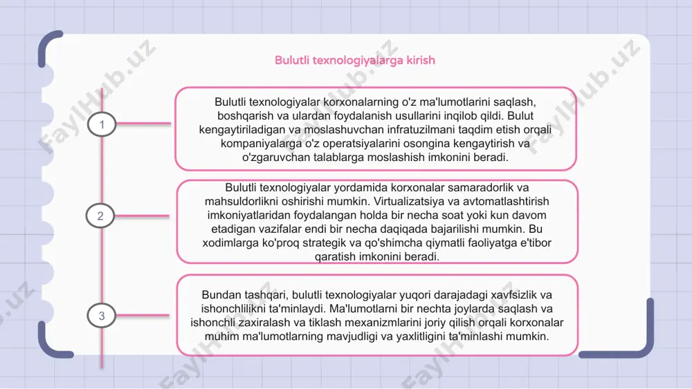 ini kamaytiradi. bulutli hisoblash platformalari bulutli hisoblash platformalari - bu foydalanuvchilarga virtual serverlar, saqlash va hisoblash resurslari bilan ta'minlaydigan internetga asoslangan texnologiyalar. ushbu platformalar korxonalar va jismoniy shaxslarga jismoniy infratuzilmaga ehtiyoj sezmasdan hisoblash resurslariga kirish va ulardan foydalanish imkonini beradi. bulutli hisoblash platformalaridan foydalangan holda, tashkilotlar kerak bo'lganda o'z resurslarini kattalashtirishi yoki kamaytirishi, faqat foydalanganlari uchun to'lashi va internetga ulangan istalgan joydan o'z ma'lumotlari va ilovalariga kirishi mumkin. bulutli xizmatlar turlari bulutli xizmatlarning uch turi mavjud: xizmat sifatida infratuzilma (iaas), xizmat sifatida platforma (paas) va xizmat sifatida dasturiy ta'minot (saas). iaas internet orqali virtual mashinalar, saqlash va tarmoq kabi virtuallashtirilgan hisoblash resurslarini taqdim etadi. paas ishlab chiquvchilar uchun infratuzilmani boshqarish haqida qayg'urmasdan ilovalarni yaratish va joylashtirish uchun platformani taklif qiladi. saas internet orqali kirish mumkin bo'lgan foydalanishga tayyor dasturiy ilovalarni taqdim etadi. bulutli xizmatning har bir turi turli darajadagi moslashuvchanlik, kengayish va qulaylikni taklif etadi, bu esa tashkilotlarga o'ziga xos …