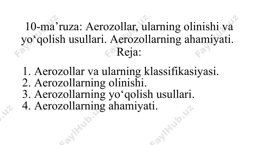 i gazlar aralashmasining sovutilishi kiradi. bundan tashqari kondensatsion aerozollar gazli reaksiyalar natijsada ham hosil bo‘ladi: • yonilg‘i yonganida tutunli gazlar hosil bo‘ladi. • fosfor yonganida havoda oq tutun (p2o5) hosil bo‘ladi; • gaz holidagi nh3 va hcl reaksiyaga kirishganida nh4cl (qattiq) tutuni hosil bo‘ladi; • metallar havoda oksidlanganida (metallurgik va kimyoviy jarayonlarda) metall oksidlaridan iborat tutun hosil bo‘ladi. 3. аerоzоllаrning yo‘qоlish usullаri aerozollar – agregativ beqaror dispers sistemalardir. ularda kogulyatsiya tez sodir bo‘ladi. kogulyatsiya tezligi erozolning sonli konsentratsiyasi ortishi bilan ortadi. braun harakati zarralar kontsentratsiyasining pasayishiga olib keladi. ular stabillashadigan omillarga ega emas, ammo ularning koagulyatsiya tezligi etarli emas va zarrachalarning tarqalishi unchalik ko’p emas. ba'zida koagulyatsiya tezligi tizimga kattaroq zarralar bilan boshqa aerozolni kiritish orqali oshiriladi. shuningdek koagulyatsiya tezligiga: zarrachalarning shakli va o‘lchami; polidispersligi; qarama –qarshi zaryadlangan ionlarning borligi; koveksion oqim, mexanik aralashtirish, ultratovushli tebranishlar yordam beradi. aerozolning soni konsentratsiya ortishi bilan koagulyatsiya tezligi orasidagi bog‘lanish: 1 sm3 da …