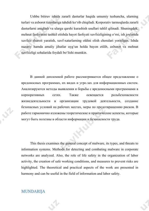 ri ijobiy natijalar berishi mumkin. korporativ tarmoqlarda zararli dasturlarni aniqlashning eng muhim jihatlaridan biri - real vaqt rejimida monitoring qilishdir. buning uchun zamonaviy xavfsizlik tizimlari tarmoq trafigini doimiy ravishda nazorat qiladi va shubhali faoliyatlarni darhol aniqlaydi. bu esa tashkilotlarga zararni kamaytirishga yordam beradi. shuningdek, sun’iy intellekt (ai) va mashinani o‘rganish (ml) texnologiyalarining rivojlanishi zararli dasturlarni aniqlashda yangi imkoniyatlar yaratmoqda. ushbu texnologiyalar yordamida katta hajmdagi ma’lumotlardan foydalangan holda aniq prognozlar qilish va shubhali faoliyatlarni avtomatik ravishda belgilash mumkin bo‘ladi. zararli dasturlardan himoya qilishda foydalanuvchilarni xabardor qilish ham muhim ahamiyatga ega. odatda ko‘p hollarda zararli dasturni tarqatishda inson omili asosiy rol o‘ynaydi: phishing elektron pochtalar orqali foydalanuvchilarni aldab ularning ma’lumotlarini olish yoki zararli fayllarni yuklatishga olib keladi. shuning uchun korporativ tashkilotlarda xodimlarga doimiy ravishda treninglar o‘tkazish zarur. umuman olganda, korporativ tarmoqlarni zararli dasturlardan himoya qilish murakkab vazifa bo‘lishi bilan birga, zamonaviy vositalar va texnologiyalar yordamida bu vazifani amalga oshirish imkoniyatlari kengaymoqda. bitiruv …