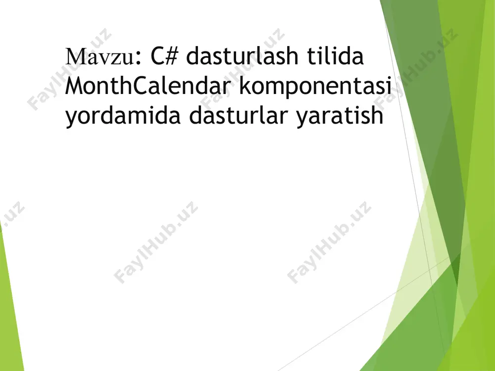 lick(object sender, eventargs e) { close(); } monthcalendar komponentasidan foydalanib burjlar, muchalar va kun haqida ma’lumot beradigan dastur. yangi form oynasini yaratamiz va 7ta radiobutton, monthcalendar, 2ta panel, richtextbox , button komponentalarini oynaga tashlaymiz. dastur oynasi ko’rinishi: budilnik dasturi. budilnik dasturida form1 oynasi uchun uchun kerakli komponentalar : 7ta label, 4ta button, picturebox, monthcalendar, 2ta numericupdown, maskedtextbox, textbox, windowsmediaplayer,openfilediolog,4ta timer komponentalarga vazifasiga mos nom beramiz: dasturda yangi form va class oynalarini ochamiz. form2 oynasiga 4ta panel, 4ta radiobutton, 4ta label, 5ta maskedtextbox, 3ta button, 4ta textbox komponentalarini tashlaymiz. form2 oynasining ko’rinishi: bu yerda class oynasining vazifasi form1 va form2 oynalaridagi komponentalar qiymatlariga boshqa oynadan turib murojat qilishdir. qisqacha qilib aytadigan bo’lsam form oynalari o’rtasida bog’lovchi ko’prik vazifasini class oynasi bajaradi. xulosa men ushbu kurs ishini tayyorlash mobaynida yangi bilimlarga ega bo’ldim. monthcalendar komponentining xususiyatlarini o’rgandim. bundan tashqari timer, windowsmediaplayer, numericupdown komponentalari haqida ma’lumotga ega bo’ldim. endilikda bu olgan bilimlarimni yanada …