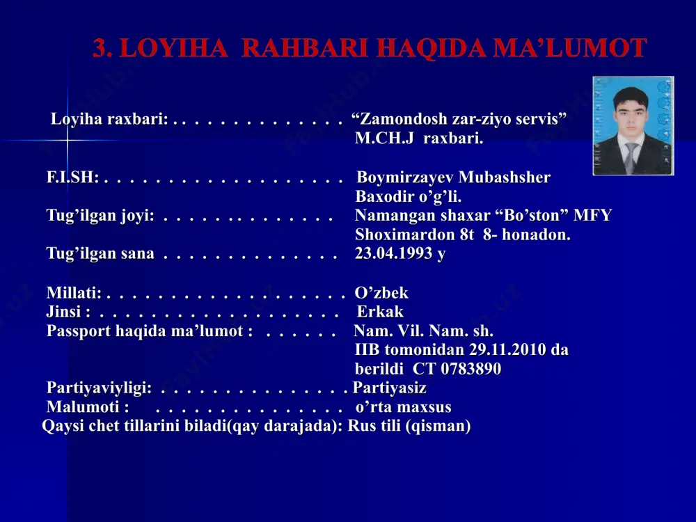 y “zamondosh zar-ziyo servis m.ch.j tomonidan loyiha davomida 8 ta ish o’rni yaratiladi. № lavozimi soni ish xaqi 1 boshqaruvchi 1 400 000 2 buxgalter 1 300 000 3 ishchi 6 1 800 000 jami 8 2 500 000 iqtisodiy ko’rsatkichlar ko’rsatkichlar 1 oylik 1 yillik sotuvdan tushgan tushum 7 920 000 95 040 000 sotilgan max. tannarxi 2 212 800 26553600 ish xaqqi 2 500 000 30 000 000 ish xaqqidan ajratma 25% 625 000 7 500 000 reklama 350 000 4 200 000 ijara xaqqi 200 000 2 400 000 kredit bo’yicha foiz to’lovi 94 800 1137600 kredit tanidan qaytarilish to’lovi 541 714 6500568 soliq 6% 475 200 5702400 jami xarajat: 6 999 514 83994168 sof foyda: 920 486 11 045 832 izoh: 1-yilda maxsulotlari 70% ulgurju savdo orqali , 20% chakana savdo orqali, 10 % buyurtma orqali sotish ko’zda tutilgan. 2-yilda buyurtma 10% oshishi ko’zda tutilgan. rentabellik …