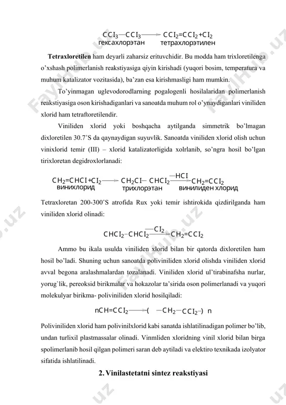 dek undan gazmollar ham to’qish mumkin. bir millimetr yo’g`onlikdagi xlorin tolasi 23—26 kilogramm yukni kutara oladi. hozirgi vaqtda bu tolalar qo’shimcha ravishda xlorlanib, vinilxlorid bilan vinilastetat sopolimeridan tuzilgan vinon olinmokda. keyingi vaktlarda rossiyada vinilxlorid bilan vinildenxlorid sopolimeridan soviden tolasi olinmoqda. bu sopolimer erimaydi ham, suyulmaydi ham. shuning uchun bu sopolimer maydalanib, plastinka holiga keltiriladi. plastinkalar kuchli bosim ostida diametri 0,5 va 1 millimetrli teshikchalardan utkazilib yugon tolalar hosil qilinadi. hosil qilingan tolalar suvli vannada cho’ziltirilib, keyingi ishlanishlar berilaveradi. suspenziya usulida polivinilxlorid olish texnologik sxemasi. 1 – vinil xlorid o’lchagich, 2 – emulgator aralashmasi uchun idish, 3 – filtr, 4 – reaktor, 5 – cho’ktirgich, 6 – stentrafuga, 7, 9 – uzatgich, 8 – elevator, 10 – ta’minlovchi, 11 – vintilyator, 12 – quritgich, 13, 15 – quruq polimer uchun bunker, 14 – filr sito, 16 – batariyli filtr, 18 – vintilyator. bu tolalardan sutullar to’rlar, kimyoviy filtrlar ishlanadi. vinilxlorid polimeri …