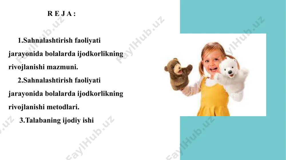 asini tuzish. ikkinchi bosqich: – ko‘zlagan maqsadga erishishda ertak mazmuniga ko‘ra qahramonlarni tanlash va so‘zlarini yod oldirish; – qo‘g‘irchoqlarni yasash va kiyintirish; – tarbiyachi bilan hamkorlikda she’rlarni yod olish. uchinchi bosqich: – tarbiyachi va bolalar bilan hamkorlikda teatr turiga ko‘ra ertakni sahnalashtirish; – qo‘g‘irchoq teatri namoyishi, bolalarning qiziqishlari va ularga yoqqan qahramonlar haqidagi fikrlarini aniqlash. –teatr haqidagi dastlabki tasavvurlarni rivojlantirish; –ertak qahramonlarining nomlarini bilish; –teatr ko‘rish odobi, tartib-qoidalari haqida ma’lumotga ega bo‘lish; –teatr qahramonlarining so‘zlarini tarbiyachi hamkorligida yod olish; –soya teatrlariga tayyorlangan andozalarni bo‘yash, tartibli ravishda joylashtirish. kichik yoshdagi bolalar guruhida: o‘rta yoshdagi bolalar guruhida: –bolalarning qo‘g‘irchoq teatri haqidagi tasavvurlarini shakllantirish; –sahnada hayvonlar va ertak qahramonlarini ko‘rsatib, ularni harakatga keltirish; –aktyor sifatida o‘zlarini erkin tutishlariga imkon yaratish; –teatr ko‘rish odobiga o‘rgatish; –tarbiyachi yordamida dekoratsiyalar tayyorlashda mustaqillik kabi sifatlarga ega bo‘lish. katta yoshdagi bolalar guruhida: –teatrda aktyorlarning so‘zlashi, qo‘shiqlar kuylashi haqida tushuncha hosil qilish; –ertakdan ixtiyoriy rol tanlash; –tomoshaga tanlangan ertaklarni …
