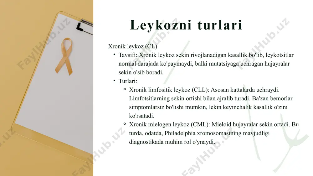 a car-t hujayra terapiyasi immunoterapiyaning asosiy vositalaridir. leykozni davolash usullari xulosa leykozni davolash usullari turli tuman va kasallikning turiga, bosqichiga va bemorning holatiga qarab farqlanadi. asosiy davolash usullari kimyoterapiya, radioterapiya, stem hujayra transplantatsiyasi, target terapiya, immunoterapiya va qo'llab-quvvatlovchi davolashni o'z ichiga oladi. ushbu usullarning kombinatsiyasi bemorning holatini yaxshilash va kasallikni nazorat qilish uchun qo'llaniladi. davolash samaradorligi va yondoshuvlar har bir bemorning individual ehtiyojlariga qarab belgilanishi kerak. foydalanilgan adabiyotlar sh. x. sobirov, t. s. mahmudov: "onkologiya va radiologiya asoslari"​ a. j. abdullayev: "gematologiya"​ m. m. tursunov: "onkologik kasalliklar va ularning davolash metodlari"​ a. r. djumaniyozov: "biologiya va biokimyo asoslari" image1.jpeg image2.png image3.svg image4.png image5.png image6.svg image7.jpeg image8.jpeg image9.jpeg image10.jpeg image11.jpeg image12.jpeg image13.jpeg /docprops/thumbnail.jpeg