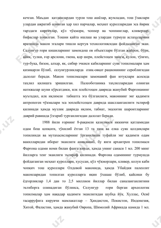 акилларидан иборат эканлиги аниқланиб, бу янги архантроп топилмаси фарғона одами номи билан фанга кирди, ҳамда унинг санаси 1 мл. 200 минг йилларга тенг эканлиги эътироф қилинади. фарғона одамининг турмушда фойдаганган меҳнат қуроллари, хусусан, қўл чўқморлари, кливер, колун каби чопқич тош қуроллари олдовой маконида, ҳамда убайдия палеолит маконларидан топилган қуролларга яқин ўхшаш бўлиб, қайсики бу ёдгорликлар 1,4 дан то 2,5 миллион йиллар билан саналанганлигини эътиборга олинадиган бўлинса, селунғур ғори берган археологик топилмалар ҳам нақадар қадимги эканлигидан шубҳа йўқ. хуллас, осиё тасарруфига кирувчи мамлакатлар – ҳиндистон, покистон, индонезия, хитой, фаластин, ҳамда жанубий овропа, шимолий африкада камида 1 мл. йиллардан бўён инсон жамоалари яшаб, маданият яратиб келганлиги фанда тан олинган. сух водийсидаги чашма қишлоғидан 2 км жанубийроқда ўрганилган макондан ҳам чопқич қуроллардан чоппер, чоппинг, дағал ишланган бошқа тош қуролларининг топилиши бу атрофда архантропларнинг бир неча гуруҳлари яшаганлигидан далолат беради. зикр этилган археологик ашёлар мамлакатимиз ҳудудида камида 1 миллион 200 минг йиллардан бўён маданият …