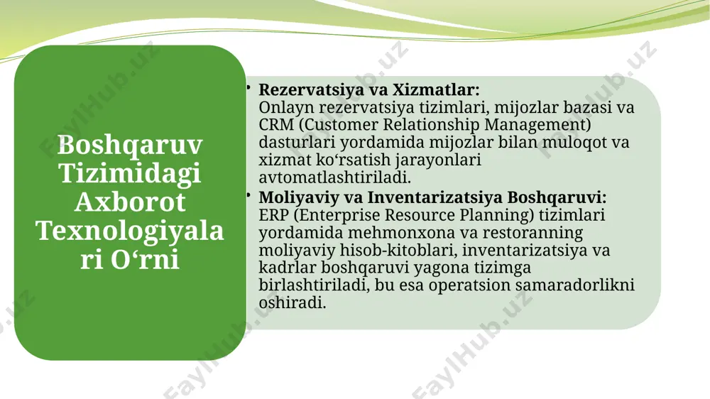 joriy etish orqali operatsion jarayonlarni avtomatlashtirish va monitoringni yaxshilash. mijozlar bilan samarali aloqa va axborot almashinuvi yetishmovchiligi mavjud. crm tizimlari yordamida mijozlar bilan doimiy va shaxsiylashtirilgan muloqotni taʼminlash. baliq metodi e’tiboringiz uchun rahmat image2.png image3.png image4.png image5.png image6.png