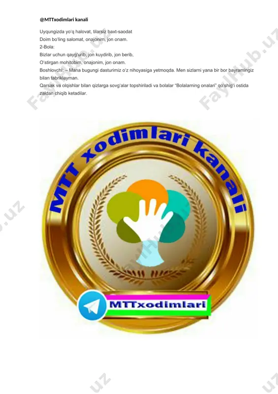 m - norim” ashulasiga r aqsga tushishadi. boshlovchi: – hurmatli opa - singillar, ona jonlar! hozirgi kunda jamiyatimizni ayollar, xotin - qizlarning faolligisiz tasavvur qila olmaymiz. qaysi sohada bo‘lmasin xotin - qizlarimizning fidokorona mehnatini ko‘ramiz. ayollarimiz oilada, ham jamiyatda, ham ish o‘rinlarida o‘zlarining munosib mehnatlari bilan obro‘ - e’tibor qozonmoqdalar. bizning bog‘chada tarbiyalanayotgan qizaloqlarimiz ham kelajakda ana shunday faol bo‘lishlari uchun hozirdanoq intiluvchan va zehnli bo‘lishga, a’lo o‘qishga harakat qilishlari lozim. bugun biz ana shunday zukko ertak qahramonini kechamizga taklif qilganmiz. kelinglar, u kelgunicha onajonlarimizni tab riklab, raqs ijro etamiz. bo‘gchaning jajji raqqosa qizlari “onajon” qo‘shig‘iga raqsga tu shishadi. eshik taqi llab eshikdan zumradoy kirib keladi. zumradoy: – good morning, children! bolalar: – good morning! zumradoy: – i’m glad to see you. bolalar: – we are glad to see you too. boshlovchi: – salom, zumradoy kechamizga xush kelib san! bizning bolalarimiz qo‘shiq v a she’r lar tayyorlab qo‘yishgan, kel mehmonimiz …