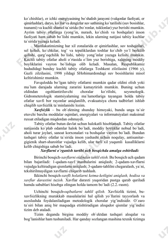 liyat ko`rsatuvchi muhitga ta`sir etish xarakteri bilan farq qiladi. shunga mos holda, favqulodda holatlar o`zining bir necha belgilari asosida tasniflanishi, sistemalashtirilishi mumkin. ular genezis xarakteriga (favqulodda holatlarni hosil bo`lish sabablariga ko`ra), rivojlanish sur`atiga, xavfni (tarqalish tezligi) va favqulodda holatlar oqibatlari og’irligini hisobga olgan holda, zarar keltiruvchi omillarini tarqalish masshtabiga ko`ra tasniflanadi. favqulodda holatlar yuzaga kelish sabablariga ko`ra tabiiy ofatlar, texnogen halokatlar, antropogen va ekologik halokatlar va ijtimoiy - siyosiy mojarolar ko`rinishida bo`lishi mumkin. tabiiy ofatlar - xavfli tabiiy hodisalar va jarayonlar bo`lib, ular favqulodda yuz berib, insonlarning kundalik hayot tarzini buzilishiga, qurbonlar sodir bo`lishiga, moddiy boyliklarni yo`qotilishiga olib keladi. ularga er qimirlashlar, suv bosimlar, vulqonlar, tsunami (okeanda suv osti zilzilasi yoxud vulqonlarning otilishidan hosil bo`ladigan ulkan to`lkinlar), sel oqimlari, bo`ronlar, o`rmon va torf yong’inlari, qor bosishlari, tosh ko`chishlari, qurg’oqchilik, uzoq muddatli yog’ingarchilik, qattiq sovuq, epidemiya, o`rmon va qishloq xo`jaligi zararkunandalarining ommaviy tarqalishi kabilar kiradi. tabiiy ofatlar hayvonlarning tez harakatlanishi (er …