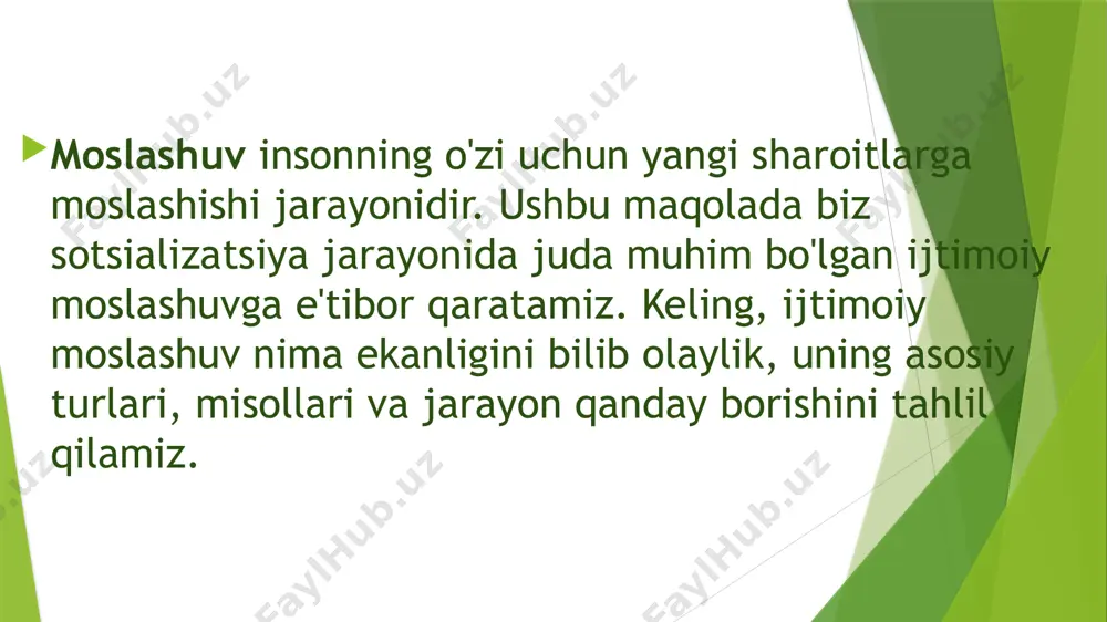 iridir. ijtimoiy moslashuv nima ekanligini yaxshiroq tushunish uchun korxonaga yangi xodimlar kelganida misol keltirishimiz mumkin. zamonaviy amaliy sotsiologiya va ijtimoiy psixologiyada bunday moslashish eng ko'p o'rganiladi. bu ushbu muammoning amaliy ahamiyatga ega ekanligi bilan izohlanadi, chunki kompaniya ishining iqtisodiy tarkibiy qismi uning samarali echimiga bog'liq. ikki murakkab tizim (shaxs va kompaniya) o'zaro ta'sir qila boshlaydi. kompaniyaning yangi xodimlarining muvaffaqiyatli moslashishi ko'p jihatdan quyidagi omillarga bog'liq: moddiy-texnik jihozlar, ishni tashkil etish turi va darajasi, jamoa ichidagi munosabatlarning xususiyatlari, korporativ madaniyat va ish haqi darajasi. kompaniyaning talablari shu xususiyatlarda yotadi, shu bilan birga ular kompaniyani mehnat bozorining boshqa ishtirokchilaridan ajratib turadigan afzalliklarni ko'rsatadi. ijtimoiy moslashuv darajalari shaxsning moslashuvi uchun xarakterli xususiyat uning sotsializatsiyasi, ijtimoiy xulq-atvor normalarini o'zlashtirish va ijtimoiy dunyoga "o'sish" jarayonidir. boshqacha qilib aytganda, ijtimoiy moslashuv samarali sotsializatsiyani ta'minlaydigan eng muhim mexanizmdir. shunday qilib, agar "ijtimoiylashuv" ma'lum ijtimoiy sharoitlarda shaxs shakllanadigan bosqichma-bosqich jarayon sifatida tushunilishi kerak bo'lsa, unda ijtimoiy moslashuv - …