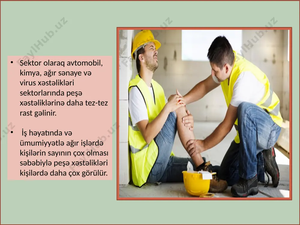 sürətləndirmək az hərəkətli əzələlərin fəaliyyətini artırmaq məqsədilə xüsusi fiziki hərəkətlər orqan və sistemlərin gərginliyi tez və dəqiq, az diapazonlu hərəkətlərlə müşayiət olunan işlərin görülməsi ilə bir orqanın və ya sistemin gərginliyinə səbəb olur. tendovaginitlər miozitlər nevralgiyalar radikulitlər neyromialgiyalar həddən artıq əzələ və vətər gərginliyi sümüklərdə trofik pozğunluqlar, oynaqların deformasiyası, xronik artritlər və s. kimi patoloji pozğunluqların inkişafına şərait yaradır. göstərilən xəstəliklərin əsas əlamətləri : iş zamanı iş görən əzələləri əhatə edən və gecələr artan ağrılar paresteziyalar əzələ zəifliyi onların tonusunun azalması və atrofiya hərəkətlərin koordinasiyasının pozulması profilaktikası : isti vannalar xüsusi masajlar müalicə gimnastikası və fizioterapevtik proseduralar işçinin iş yerini və ya peşəsini dəyişmək nəfəsli musiqi alətlərində çalanlarda və şüşə üfürənlərdə təsadüf edilən ağciyərlərin emfizema xəstəliyi işıqlanması əlverişsiz olan iş sahələrində kiçik detalların və onların rənglərinin seçilməsini tələbedən peşələrdə çalışanlarda rast gələn yaxındangörmə xəstəliyi nevrozlar və peşə diskineziyası az diapazonlu və cəld görülən işlərlə məşğul olan peşə sahələrində müşahidə edilir. …