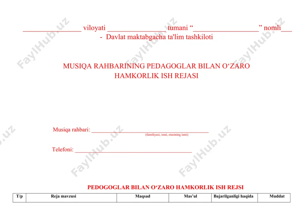 hbari tarbiyachi musia rahbari yanvar 11 12 guruhlarda musiqa barchaning tashkil etishda tarbiyachiga amaliy yordam berish tarbiyachilarga musiqaviy didaktik o’yinlar guruh xonalarda tashkil etishda tarbiyachilarga amaliy yordam berish bolalarni milliy cholg’u 13 14 bayram ertaklarida tarbiyachinig ro’li bayramlarda tarbiyachilar bilan birga ertak qaxramonlarini tanlab olish va o’rgatish milliy bayramlarlarimizga milliy qadriyatlarimiz va urf odatlarimiz xurmat tuyg’usini uyg’otish bolalarni mexnatga va tarbiyaga o’rgatish tarbiyachi musiqa rahbari tarbiyachi musiqa rahbari mart 15 16 raqs elementlari orqali bolalarni jismoniy rivojlantirish to’g’risida tarbiyachilar bilan suxbat tarbiyachilar bilan musiqa xonasida bolalarni tug’ulgan kunini o’tkazish musiqaga mos ravishda ko’l va oyoq xarakatlarni mutanosibligiga erishish bolalarni faolligini oshirish tarbiyachi musiqa rahbari jismoniy tarbiya o’qtuvchisi tarbiyachi musiqa rahbari aprel 17 18 xotira va qadrlash kunini o’tkazish maqsadida bayram tadbirini o’tkazish tarbiyachilar bilan ish olib boorish 1iyun bolalar bayramini keng o’tkazish va tarbiyachilar bilan keng ishlash bolalarnda ajdodlarimizga xurmat ruxuni oshrish baxtli zamonda bolalar baxtli tarbiyachi musiqa rahbari tarbiytachi …