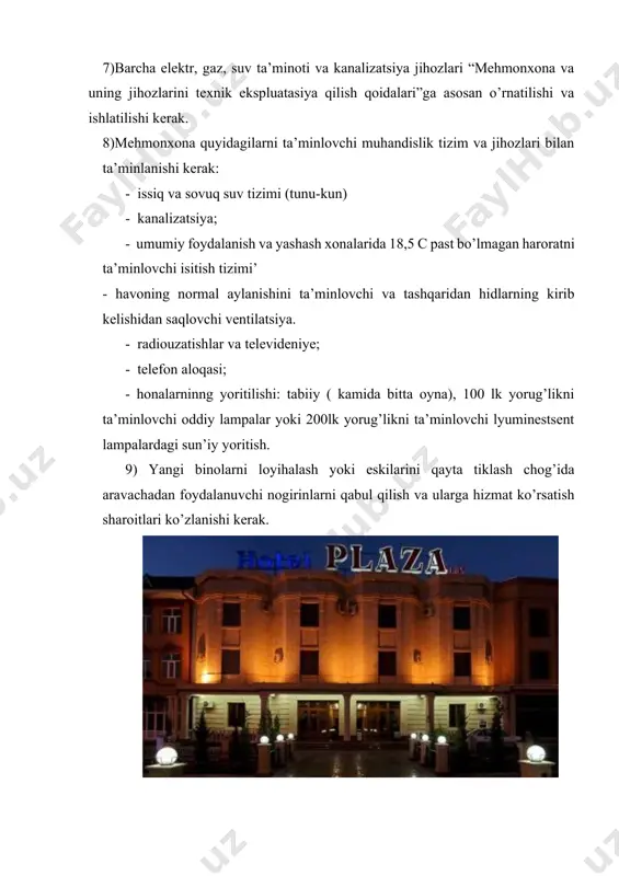 0 oringa mo`ljallangan konfirensiya zali "plaza" mehmonxonasida barcha shart sharoitlar mavjud bularga: har bir xonada mini bar, 1 ta restaran , sauna, basseyn, fitness zal, tennis, bilyard kabilar mavjud.taklif etilayotgan barcha xonalar zamonaviy 3 * mehmonxona talablariga mos ravishda jihozlangan. xonalar uchta asosiy toifaga bo'linadi - standart, deluxe, lux. mehmonxonada 24 soat xona xizmati, kir yuvish, qo'shimcha yotoq, avtoturargoh va internet mavjud. mehmonxonaning eng avval hududiy tuzilishini o’rganib chiqdik. mehmonxona andijon shahri, cinobod ko’chasida joylashgan. hududiy jihatdan vakzal va aeroportga anvha yaqin hisoblanadi . tarkibiy jihatdasn bir nechta binolarni o’z ichiga olgan bo’lib, asosiyxizmat ko`rsatish binosi, omborxona, restoran, basseyn,fitness zal, konferensiya zalidan iborat. mehmonxona eng avval qabulxonadan boshlanib, boshqa binolar ham birin ketin joylashgan. xodimlarga yaratilgan shart– sharoitlarni ham o’rgandim va quyidagi xulosalarga keldik: · xodimlar bir mahal issiq ovqat bilan ta’minlangan; · qo`shimcha premiyalar; · vazifasidan kelib chiqqan xolda barcha zaruriy vositalar; · mehmonxona boshqaruv tizimi, uning qo’llanish maqsadi, …