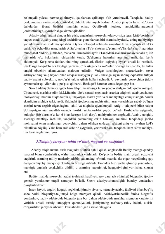 ‘ziga xos ijoddir. kitobxon-badiiy matn unga xoh yoqsin — xoh yoqmagan bo‘1sa-da. his-hayajonga beriladi, u liaqda o‘y!ay boshlaydi. kitobxon ijodining bu bosqichida badiiy matn yo badiiy asar sifatida qabul qilinadi, yo badiiylikka aloqasiz matoh sifatida inkor etiladi. o`qish, uqish jarayonidagi ijodda aql yetakchilik qiladi. aniqrog'i, kitobxon, bus-butun holda qabui qiluvchi, o'zlashtiruvchiga ayianadi. asarni c'qish, aslida, o‘zi uchun ijro etishdir. kitobxon voqealarga aralashadi, qahramonlarni joylashtiradi, ularning gap-so‘zlarini eshitadi, ruhiy holatlarim yurakdan his etadi. b tomaslievskiy anglashicha, “kitobni o‘qib”, biz uni “ichki nutq” shakliga o‘giramiz yoxud uni gapirtiramiz. ovoz holiga keltiramiz. kitobxon qalbi asar ijro elilayotgan sahnaga aylandimi, demak, qahramonlar ham kitobxon ixtiyoriga o'tgan bo'ladi. yozuvchi abduila qodiriy «o‘tkan kunlar»ni yozar ekan, o‘quvcbi sifatida yozganlarini uqib bordi. natijada, kumushning olimiga ilk bor ko'z yoshi to'kkan kitobxon qodiriyning o‘zi bo‘ldi. romandagi otabekka kilobxon qodiriy havas biian qaradi. «bordiyu, «o‘tkan kunlar» romani asosida kino olinsa, otabek rolida o'zim o'ynagan bo`lardim», deya orzu qildi qodiriy. …