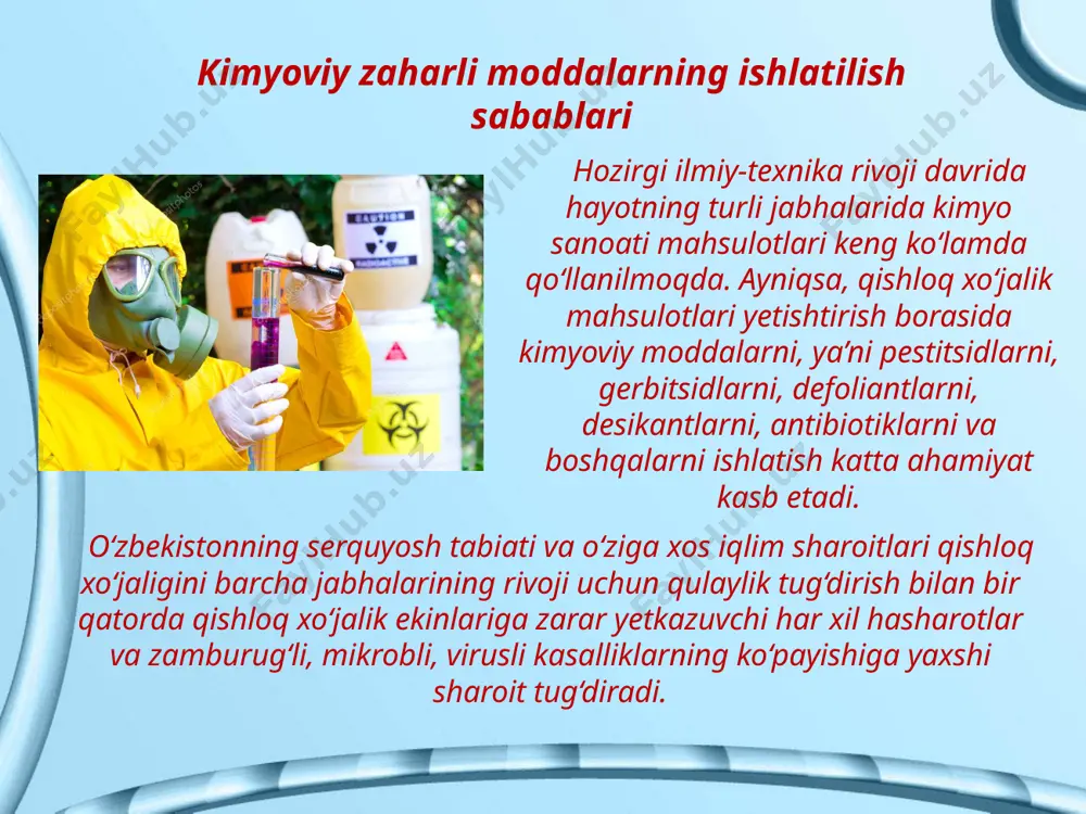 ular zararkunanda hasharotlar, ularning tuxumlari, g’umbak lichinkalarini ham nobud qilish xususiyatiga ega. pestitsidlarning gigiyenik va toksikologik sinfi joriy etilgan tartibga muvofiq qishloq xo’jaligi ishlab chiqarishi amaliyotida qo’llanish uchun tavsiya etilgan har qanday yangi pestitsid modda oldin toksikologik jihatdan sinab ko’rilishi zarur. yangi moddani shu tariqa o’rganish asosida uni qishloq xo’jaligida ishlatish mumkin yoki mumkin emasligi to’g’risidagi muammo hal qilinadi, shu bilan birga preparat qanday sharoitlarda foydalanilganda butunlay havfsiz bo’lishi belgilab beriladi. mazkur kimyoviy modda bilan ishlash vaqtida uning qanday konsentratsiyada havoda bo’lishiga yo’l qo’yilishi, oziq-ovqat mahsulotlarida ko’pi bilan qancha bo’lishiga ruxsat etilishi aniq ko’rsatib beriladi. zaharli kimyoviy moddalarni qishloq xo’jaligida o’simliklarga purkash, changlash, urug’larni dorilash va ba’zi boshqa ishlar vaqtida qattiq yoki yog’li pestitsid zararlaridan iborat aerozollar hosil bo’ladi. zaharli kimyoviy moddalar zaharliligiga qarab bir necha guruhlarga ajratiladi 1. me’daga (kuzatuvda bo’lgan hayvonlarning me’dasiga) yuborilganida ko’rsatadigan ta’siriga qarab: 2.teridan so’rilib ta’sir qilishiga qarab: 3.uchuvchanligiga qarab: 4.to’planishi (kumulyatsiyalanshi)ga qarab: 5.chidamliligiga qarab …