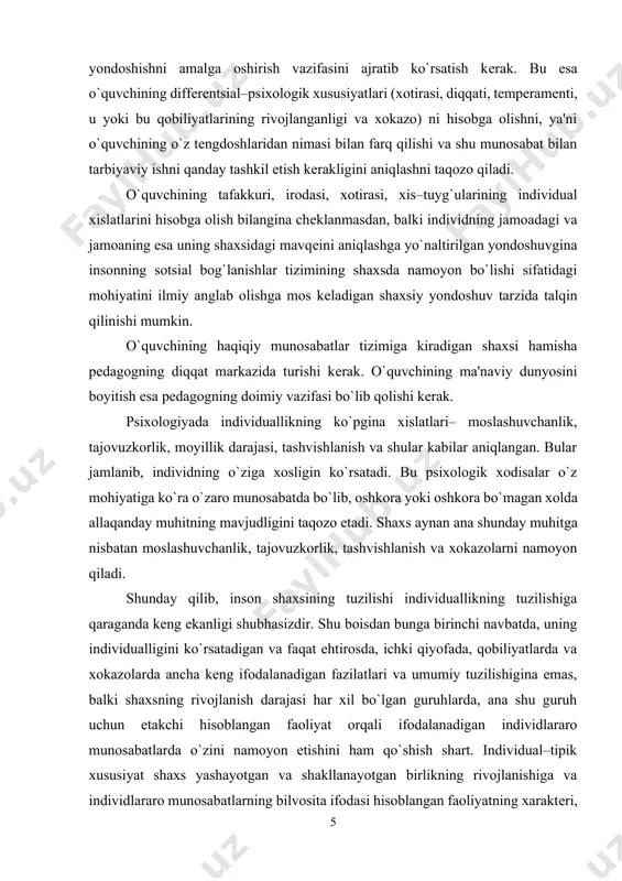moslashuvchanlik, tajovuzkorlik, tashvishlanish va xokazolarni namoyon qiladi. shunday qilib, inson shaxsining tuzilishi individuallikning tuzilishiga qaraganda keng ekanligi shubhasizdir. shu boisdan bunga birinchi navbatda, uning individualligini ko`rsatadigan va faqat ehtirosda, ichki qiyofada, qobiliyatlarda va xokazolarda ancha keng ifodalanadigan fazilatlari va umumiy tuzilishigina emas, balki shaxsning rivojlanish darajasi har xil bo`lgan guruhlarda, ana shu guruh uchun etakchi hisoblangan faoliyat orqali ifodalanadigan individlararo munosabatlarda o`zini namoyon etishini ham qo`shish shart. individual–tipik xususiyat shaxs yashayotgan va shakllanayotgan birlikning rivojlanishiga va individlararo munosabatlarning bilvosita ifodasi hisoblangan faoliyatning xarakteri, qadriyatlari va maqsadlariga bog`liq tarzda jiddiy ravishda turli xil ko`rinishda namoyon bo`ladi. individ rivojlanishining tabiiy shart-sharoitlari, uning jismoniy tuzilishi, nerv va ichki sekretsiya bezlari tizimi, jismoniy tuzilishdagi afzalliklari va nuqsonlari uning individual psixologik fazilatlari shakllanishiga jiddiy ta'sir ko`rsatadi. lekin biologik xususiyat kishi shaxsini tarkibiga singib, ijtimoiy omilga aylanib qoladi va keyinchalik ijtimoiy shaklda (psixologik jihatdan) mavjud bo`ladi. jumladan, miya patologiyasi individda, uning tuzilishida, uning biologik jihatlari bilan …