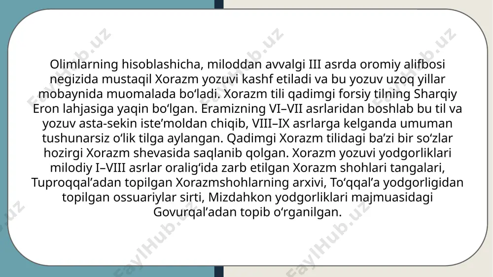 sugʻd yozuvida yozilgan „eski xatlar“ matnlarini topgan. „eski xatlar“ toʻplamida 9 ta xat joy olgan boʻlib, ular sharqiy turkistondagi savdo faktoriyalarida yashagan sugʻdliklarning samarqand, dunxuan va boshqa joylardagi oʻz yaqinlariga va qarindoshlariga yozgan maktublaridir. matnlar tarixiy-filologik nuqtai nazardan tahlil qilinib, iv asrda yozilgan degan xulosaga kelingan. 1956-yilda mongol arxeologi dorjsuren mongoliyaning bugʻut qishlogʻidagi iv-viii asrlarga taalluqli qabrlarni kovlayotganda toʻrtburchak toshga sugʻd yozuvi bitilgan yodgorlikni topgan. tosh yodgorligining balandligi 1,98 sm, eni 70 sm, qalinligi 20 sm boʻlgan. topilmaning uch tomonida sugʻd tilidagi sugʻd yozuvi, orqa tomonida esa braxma yozuvi yozilgan edi. bu topilma tarixda bugut yozuvi nomi bilan maʼlum. bugut yozuvi epitafiya – qabr toshiga yozilgan matn boʻlib, uni muxan (mugʻon yoki muqon) xoqon (553—572-yillar) akasi maxan tekin vafoti munosabati bilan yozdirgan. kumush kosa 1961 yil yozida quduq qazishpaytida. samarqand viloyati chilek qishlog‘ida topilgan. elchilar zalidan devor rasmidagi xonim tasviridagi so'g'diycha yozuv. afrasyob qadimgi sahristoni, topilgan sana 1965 yil. janubiy …