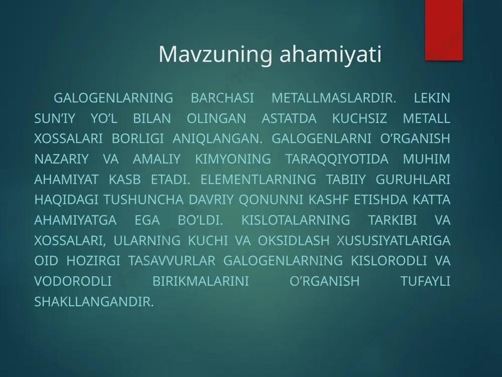 ilan birga uchraydi. chili selitrasining ba’zi qatlamlarida 0,1% ga qadar natriy yodat najo3 bo’ladi. shu sababli chili selitrasi konlari yaqin vaqtlarga qadar yod olish uchun asosiy manba hisoblanib keldi. yer yuzining boshqa joylarida yod ko’p uchramaydi, u tarqoq elmentlar jumlasiga kiradi. dengiz suvida yod juda kam miqdorda uchraydi, lekin dengizda o’sadigan ba’zi suv o’tlari (dengiz karami—laminariya) yod tuzlarini o’zida to’playdi. astat tabiatda deyarli uchramaydi galogenlarning olinishi ftorni birinchi marta 1886 – yilda suvsiz suyuq vodorod ftoridga aralashtirilgan kf ni elektroliz qilish natijasida olingan. buning uchun ftor ta’sir qilmaydigan misdan yasalgan asbob ishlatiladi. elektrodlar platinadan yasalgan bo’ladi.ftor hozirgi paytda ham sanoatda shu usul bilan olinadi. sanoatda xlor faqat osh tuzini suvdagi eritmasini elektroliz qilish yo’li bilan olinadi. xlor anodda ajralib chiqadi, katodda esa natriy hosil bo’ladi. laboratoriyada xlor asosan xlorid kislotaga oksidlovchilar ta'sir ettirish yo’li bilan olinadi. 16hci +2kmno4=5cl2+2mncl2+2kcl+8h2o 4hcl+mno2=cl2+mncl2+2h2o cacl(ocl)+2hcl → cacl2+h2o+cl2 brom kimyoviy jihatdan olganda xlordan aktiv emas, shuning …
