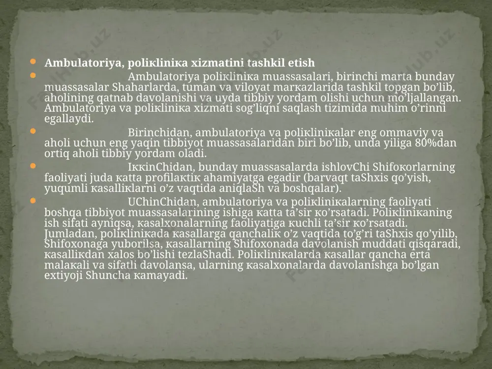 ri kerakli tibbiy yordamni olish imkoniyatini yaratish; 7.vrachlar maslahat komissiyasining ishini ertalabki va kechqurungi soatlarda va shanba kunlari xam tashkil qilish va kasallik varaqalarini o’z vaqtida yopilishini nazorat qilish; 8. ilg’or tajriba maktablariga ega bo’lgan ambulatoriya va poliklinikalarning ishini o’rganish, mehnatni ilmiy asosida tashkil qilishni keng qo’lamda qo’llash. 9. poliklinikalar faoliyatida sog’lom turmush tarzini targ’ib qilishga, kasallik xavf xatarlarini keltirib chiqaruvchi omillar guruhlarini aniqlashga katta ahamiyat berish. 10. ambulatoriya – poliklinika xizmatini yanada yaxshilash va ishini takomillashtirish maqsadida poliklinika va kasalxonalar o’rtasidagi o’zviy bog’lanishni yanada rivojlantirish. oilaviy poliklinika ishini tashkil etish hozirgi kunda respublikamiz shaharlarida oilaviy poliklinikalarni tashkil etishga katta ahamiyat berilmoqda. oilaviy poliklinika aholiga stasionargacha bo’lgan birlamchi tibbiy yordam ko’rsatishga mo’ljallangan tibbiy muassasadir. poliklinika ishiga bosh vrach rahbarlik qiladi. bosh vrach muassasaning faoliyatiga rahbarlik qiladi: davolash profilaktika yordamining sifati va madaniyatiga, tashkiliy, ma’muriy – xo’jalik va moliyaviy faoliyatga mas’ul javobgar. u poliklinika xududida aholiga davolash – profilaktik yordam ko’rsatish …