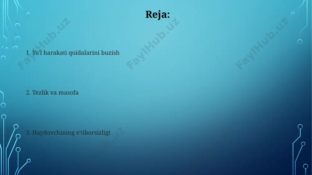 iradi. keskin tormozlash abs tizimi mavjud bo'lsa ham, keskin tormozlash 30 km/soatdan yuqori tezlikda avtomobilning boshqaruvchanligini sezilarli darajada pasaytiradi. keskin tormozlash 20-30% gacha tormoz yo'lining ortishiga olib kelishi mumkin, bu esa to'qnashuv xavfini sezilarli darajada oshiradi. texnik nosozliklarni e'tiborsiz qoldirish avtomobilning texnik holatini muntazam tekshirish, kamida har 6 oyda bir marta, jiddiy baxtsiz hodisalar xavfini 25% ga kamaytirishi mumkin. texnik nosozliklar, masalan, tormoz tizimining ishlamay qolishi yoki rul boshqaruvining buzilishi kabi muammolar 100 dan ortiq yo'l-transport hodisasining sababi hisoblanadi. telefon orqali gaplashish telefon orqali suhbatlashish e'tiborni 20% ga kamaytiradi, bu esa reaktsiya vaqtiga 500 millisekundgacha ta'sir qiladi, bu esa tezlikda harakatlanayotganda avariya xavfini sezilarli darajada oshiradi. qo'l bilan telefonni ushlab turish va boshqarish, qo'llarning ruldan tortishiga 30% ga yaqin qo'shimcha yuk qo'shadi, bu esa boshqaruvning aniqligini pasaytiradi va xavfsizlikni buzadi. noto'g'ri qator almashtirish qator almashtirishdan oldin yon oyna va orqa ko'zgular orqali 3 soniya davomida kuzatish, shuningdek, signal berish va …