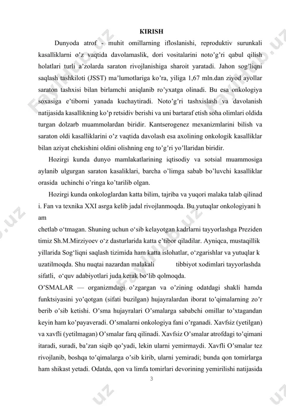 shi (masalan, miyada yoki nafas va hazm yoʼllarida boʼlsa, ularni siqib, ezib qoʼyishi), shuningdek, uning bir qismi kesib tashlansa, qayta oʼsishi mumkin. oʼsmalarning metastaz berish-bermasligi va metastaz berish tezligi organizmning immunobiologik holatiga bogʼliq. oʼsmalar oʼsishi toʼqimada cheksiz boʼlinuvchi oʼzgargan hujayralarning kichik guruhi vujudga kelishidan boshlanadi. bevosita xavfli oʼsmalardan avval paydo boʼlgan va xavfli oʼsmalarga aylanadigan oʼsmalar rak oldi, toʼqimada ancha erta sodir boʼlgan oʼzgarishlar oʼsma oldi jarayoni hisoblanadi. oʼsmalarning bosqichma-bosqich rivojlanishi va keyin xavfli tus olishi — uning oʼziga xos avj olishi shu tariqa oʼtadi. oʼsmalardan qon ketishi kamqonlikka, oʼsmalarning chirishi va moddalar almashinuvi buzilishidan hosil boʼlgan mahsulotlar organizmning zaharlanishiga sabab boʼladi. jahonda saraton kasalligi retsidivi, prognoz omillari taʼsiri, ertatashxislash va davolashni yaxshilash yoʼllarini takomillashtirishga qaratilgan profilaktik tadbirlarni yuqori samaradorlikka erishish maqsadida qator ilmiy tadqiqotlar olib borilmoqda. mualliflartomonidan tayyorlangan mazkur aktual va zamon talabiga mos kitob tibbiyot yo‘nalishidagi talabalar ushun yaratilgan. mazkur adabiyot o‘rganuvchilarda katta qiziqish bilan o‘qishga va o‘zlashtirilayotgan …