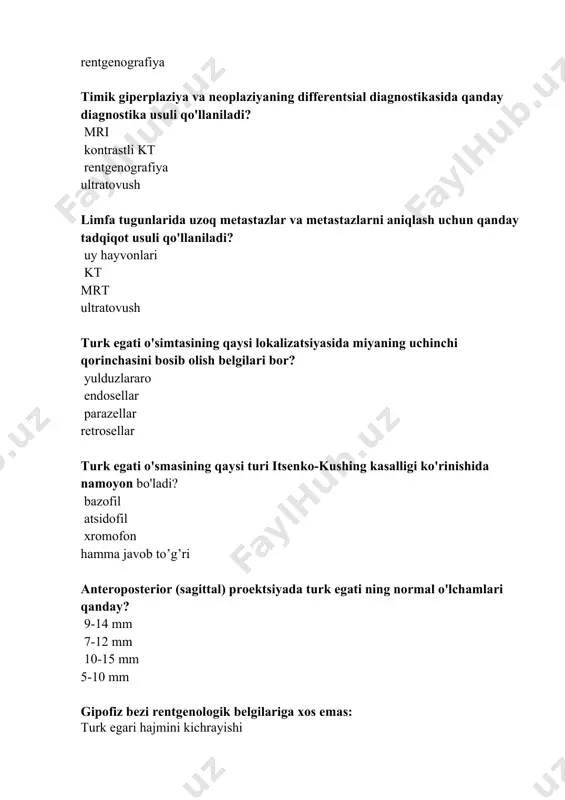 ng keskin assimetriyasi; qonni moyak venasiga tushirish joyini ingl prostata bezi rakida pet diagnostikasi uchun qanday rfp preparati qo'llaniladi? 11c-natriy asetat; 99mts - natriy pertexnati; 99mtc - natriy pirofosfat; 18f-deoksiglyukoza gisterosalpingografiya bu… ..? bachadon bo'shlig'iga va bachadon naychalariga suvda eruvchan rcs kiritilishi bilan rentgen tekshiruvi; sut bezini maxsus apparatda rentgenologik tekshirish; sut bezlari kanallariga suvda eruvchan rcc kiritilgandan so'ng rentgen tekshiruvi; to'g'ri javob yo'q ultratovush apparatida tekshirilganda bachadonning tashqi ko'rinishi qanday? noksimon shaklida, aniq va tekis konturli; proksimal asosli uchburchak; ovoid gipoekoik shakllanish; ultratovush yordamida bachadon ingl duktografiya bu tadqiqot usuli ....? sut bezlarida kanallarga suvda eriydigan rkm kiritilgandan keyin rentgen tekshiruvi; sut bezini maxsus apparatda rentgenologik tekshirish; bachadon bo'shlig'iga va bachadon naychalariga suvda eruvchan rcs kiritilishi bilan rentgen tekshiruvi; uretrani rcs bilan to'ldirganda rentgenologik tekshirish ultratovush tekshirishda salpingooporitning surati. barcha javoblar to'g'ri; kichik tos suyagida ovulyatsiya bilan bog'liq bo'lmagan ko'p miqdordagi suyuqlik; bachadon naychalari bo'shlig'idagi suyuqlikni ingl. ta'sirlangan tuxumdonning …