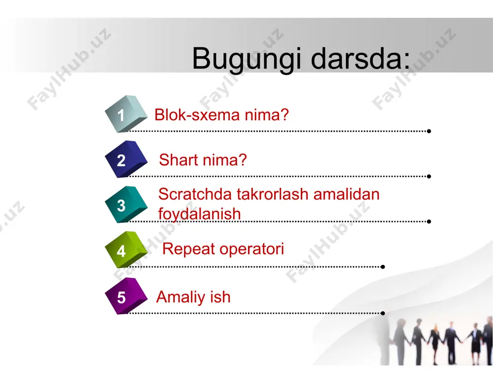 apga burish. 3.3-mashg’ulot repeat operatoridan oldin blok qoʻyish mumkin. quyidagi algoritmni bajaruvchi dastur yarating: • 100 qadam yurish; • toʻrt marta takrorlash. 1 90 daraja chapga burish. 2 50 qadam yurish. dasturni ishga tushiring. agar dastur juda tez harakatlansa, bloklar orasiga wait buyruqlarini qoʻyish mumkin, masalan, quyidagi kabi: 3.3-mashg’ulot 50 qadam yurish; 45 daraja chapga burish; uch marta takrorlash. 1. 120 daraja chapga burish. 2. 100 qadam yurish. 45 daraja chapga burish; 50 qadam yurish. image2.png image3.png image4.png image5.png image6.png image7.png image8.png image9.png image10.png image11.png image12.png image1.jpeg