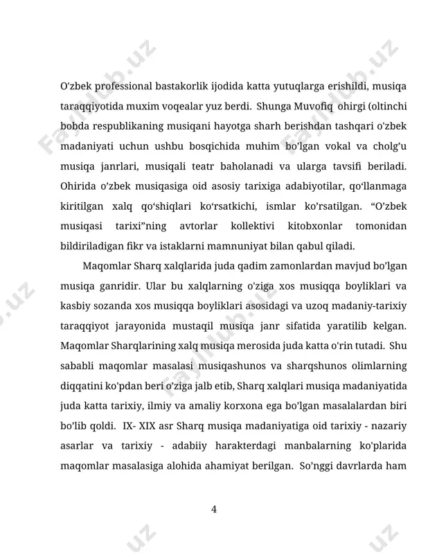 rining eng so’nggi shaklidir va bundan tahminan ikki asr erta (xvіi .) shakllangan. turli tushunchalar ifodasi bo’lgan "maqomlar" musiqada lad (parda) ushmalari ma’nosida keladi. bu turli davrlarda yashab kelgan maqomlarning hammasida ham o’z mazmunini birdek saqlab keldi. buning uchun shashmaqomni ham o'tmishda joriy etilgan "maqom" sanasi bilan birgalikda, uning tarixiy shakllanish jarayoni kesimida qarab chiqish alohida ahamiyatga ega. i bob: mirsodiq tojiyev va o‘zbek simfoniyalari 1.1§ o‘zbekistonda simfoniya musiqasining tarixi musiqiy san’atning turlari orasida simfonik musiqa eng murakkab janrlar qatoriga kiradi. tarixdan ma’lumki, professional kompozitorlaming ijodiy izlanishlari tufayli cholg‘u musiqaning turli shakl va janrlari avval xvi asrda italiyada paydo bo‘la boshladi. kelgusi asrlarda “simfonik syuita”, “uvertyura”, “simfonik poema”, “simfonik ballada”, “simfonik ato”, “rapsodiya” “simfoniya” va “cholg'u konsert” nomli atamalar bilan belgilanuvchi cholg‘u musiqalar kompozitorlik ijodida shakllandi.simfonik musiqaning ommalashishida va turli janrlarini rivojlanish jarayonida “vena musiqa maktabi” muhim rol o'ynadi. xviii-xix asrlarda korelli, vivaldi, gaydn, bax, gendel, mostart, betxoven, shubert, shuman, …
