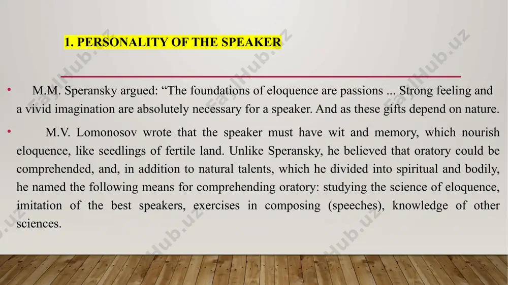 ossible to analyze information, penetrate into the essence of phenomena, deeply, purposefully and consistently present the topic; independence of the mind – a necessary quality of a speaker, which makes it possible to be critical of various sources of information, to make one's judgments and assessments for the audience, which always causes respect; creative imagination - helps the speaker to get used to the situation he is talking about, to visually and figuratively tell about it; the ability for strong emotional experiences - is manifested in the passion for the topic, the expressiveness of the presentation, which has a positive effect on the listeners; speech abilities - determine the culture of the speaker's speech, his ability to convey his thoughts clearly, vividly, impressively. what can influence others? ability or personality ability is a necessary but not sufficient condition for becoming a speaker. in a person who takes the floor to …