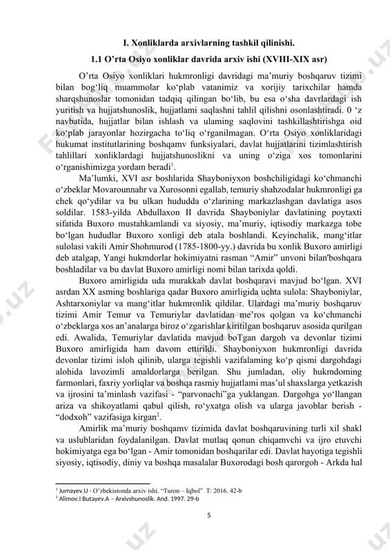 hiy foydasiga 3,5 tilla, inoqqa - 5 tilla va parvonachiga - 7 tilladan badallik to‘lovijoriy qilingan edi. hokimiyat tizimida amaldorlar katta mavqega ega edilar. amaldorlar ichida otaliq - shahzoda va xonzodalarning tarbiyachisi mansabi eng asosiy lavozimlardan biri hisoblangan. xvii asr hujjatlarida otaliq - birinchi vazir sifatida tilga olinib, u mamlakatdagi sug‘orish ishlarini boshqargan[footnoteref:3]. otaliqdan so‘ng, ikkinchi mansabdor - devonbegi (devonbegi-kalon) bo‘lgan. sharqshunoslaming ma’lumotlariga ko'ra, u bir vaqtda devonxona mahkamasi boshlig‘i va moliyaviy ishlar bo‘yicha vazir lavozimlarida faoliyat ko‘rsatgan. devonbegi mamlakatdagi xiroj yig‘imlarini nazorat qilgan. viloyat va tumanlardan ma’lum bir xiroj summasi о‘miga natural shaklida to‘lanadigan bug‘doy uchun maxsus chek yoki berat rasmiylashtirilib, devonbegi va amir muhri bilan tasdiqlangan. 0‘z navbatida devonbegi hisob-kitoblar daftarini yuritishga ham mas’ul edi. ushbu daftardagi kirim-chiqim hisobotlari amirlikda sir tutilgan va maxfiy saqlangan. devonbegi amirlik hokimiyat tizimidagi to‘rtinchi pog‘onada turuvchi - “ahli qalam”ning boshlig'i ham hisoblangan. ushbu pog‘onadagi ikkinchi o‘rindagi amaldor - mushrif-nazoratchi deb atalgan. uni …