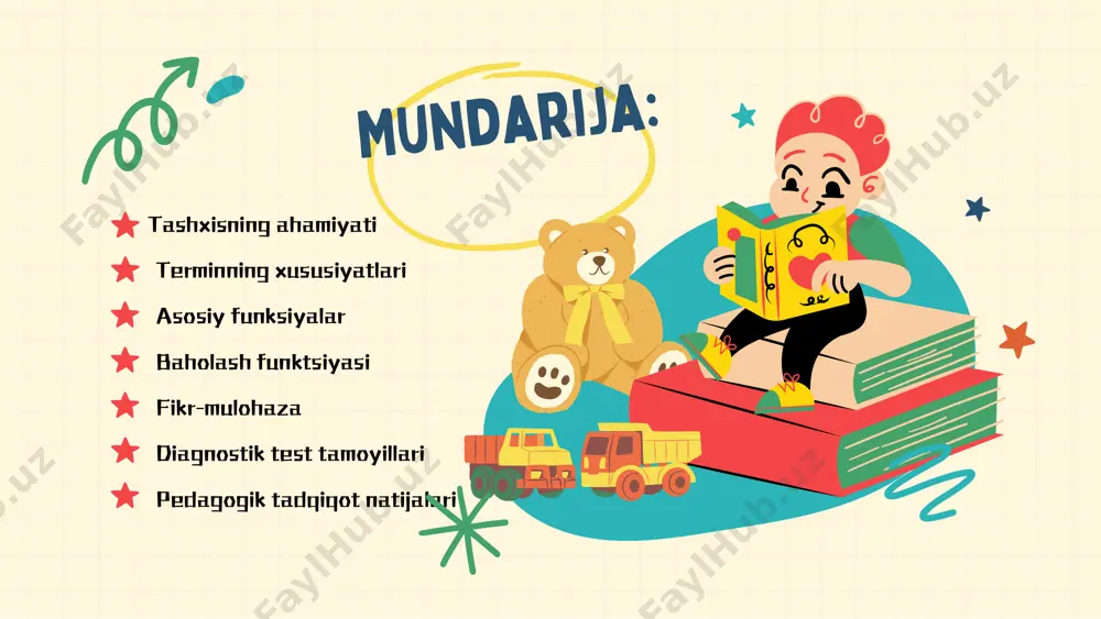 kaning asosiy turlari ma'lum funktsiyalarni bajaradi: baholash,fikr-mulohaza, jarayonni boshqarish. fikr-mulohaza psixologlar, sinf o'qituvchilari diagnostik testlarni o'tkazishadi, har bir bolaning haqiqiy yutuqlarini uning qobiliyati bilan solishtiradilar, ishning to'liqligi haqida xulosa chiqaradilar va vaziyatni o'zgartirish yo'llarini izlaydilar. zamonaviy pedagogik diagnostikaning eng muhim vazifasi oʻqituvchi va oʻquvchiga taʼlim-tarbiya jarayoni natijalari toʻgʻrisida maʼlumotlarni oʻz vaqtida toʻgʻrilash maqsadida olishiga sharoit yaratishdan iborat. pedagogik diagnostikaning barcha turlari baholash faoliyati bilan bog’liq. har tomonlama va keng qamrovli baholash bir nechta jihatlarga ega: tartibga solish-tuzatish; qiymatga asoslangan; oʻlchash; rag'batlantiruvchi. baholash funktsiyasi pedagogik baholash tufayli inson oʻz harakatlarini meʼyorlar bilan solishtirish, oʻz xulq-atvorini rivojlantirish, boshqa odamlar bilan munosabatlarni oʻrnatish mumkin boʻladi. o’quvchi baholashning xolisligini anglagandan so’ng, ijobiy sifatlar shakllanadi, o’quvchi o’z kamchiliklaridan xalos bo’lishga harakat qiladi. bu pedagogik baholashning o'lchov parametri bo'lib, u o'quvchini o'z-o'zini tarbiyalashga undaydi. ularning muvaffaqiyatlari va yutuqlarini boshqa bolalar bilan solishtirganda, o'quvchi o'zining ijtimoiy mavqeini shakllantiradi. pedagogik diagnostikaning asosiy vazifalari va turlarini hisobga olgan holda …