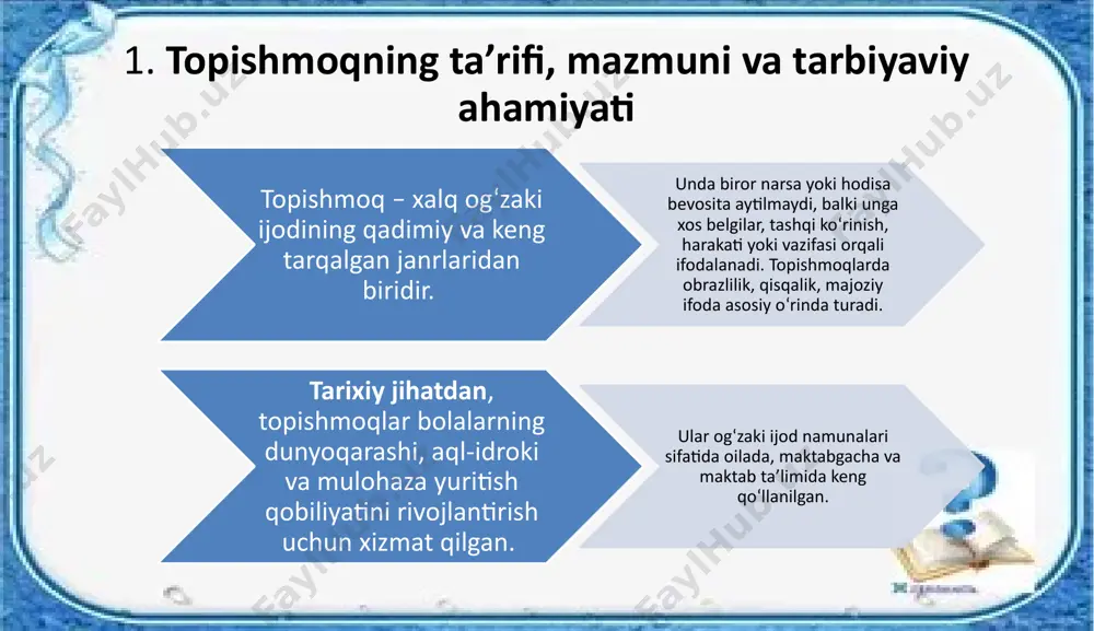 afakkurni rivojlantirishda topishmoqlarning roli topishmoq bolalarning mantiqiy fikrlash, solishtirish, qiyoslash, sabab-oqibatni tushunish kabi qobiliyatlarini rivojlantirishda muhim vosita hisoblanadi. ayniqsa, maktabgacha yoshdagi bolalar va boshlang‘ich sinf o‘quvchilari uchun bu usul juda samaralidir. topishmoq orqali rivojlanadigan ko‘nikmalar: tafakkur: mantiqiy tahlil qilish, xulosalash nutq: to‘g‘ri, ifodali so‘zlash, sinonim va antonimlarni anglash tushunish: matn asosida xulosa chiqarish, yashirin ma’noni topish ijod: o‘z fikrini so‘z bilan ifodalash, topishmoq yaratish xulosa: topishmoq matni ustida ishlash, bolalarning mantiqiy fikrlash, tasavvur va nutq ko‘nikmalarini rivojlantirishda muhim vosita bo‘lib, ularning tafakkurini faollashtiradi va estetik didini oshiradi. topishmoqlar orqali bolalar majoziy ifodalarni, obrazlarni tushunib, ularga asoslangan xulosalar chiqarishni o‘rganadilar. bu jarayon o‘quvchilarda mantiqiy fikrlashni kuchaytirib, mustaqil fikr yuritish, ijodiy yondoshuvni rivojlantirishga yordam beradi. shuningdek, topishmoqlarni qo‘llash o‘quvchilarning til madaniyatini, nutq ko‘nikmalarini va e’tiborini yaxshilaydi, shuningdek, ularning umumiy rivojlanishiga ijobiy ta’sir ko‘rsatadi. foydalanilgan adabiyotlar abdullayev, a. (2005). o‘qitish metodikasi. tashkent: o‘qituvchi. xusanov, n. (2010). bolalar va yoshlarga psixologik yordam. tashkent: ma’naviyat. …